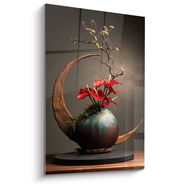 Tableau Composition Florale Lune Dorée sur Vase Bleu - Harmonie Céleste - Edition Ikebana