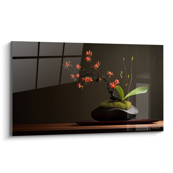 Orangefarbenes Orchideen-Gemälde auf geschnitzten Ästen mit schwarzer Vase Zen - Florales Gleichgewicht - Ikebana-Edition