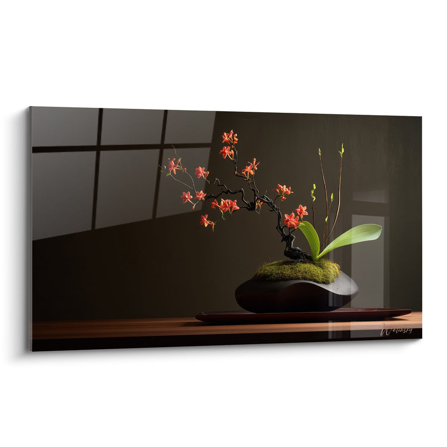 Cuadro orquídeas naranjas sobre ramas esculpidas con jarra negra zen - Armonía floral - Edición Ikebana