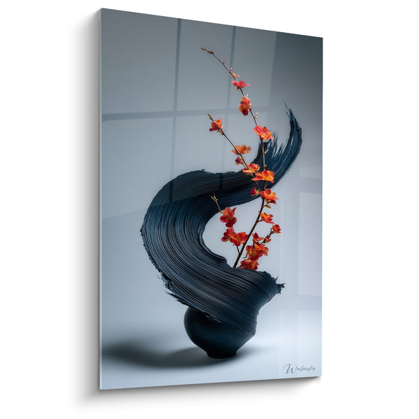Tableau Arrangement Floral Branche Orange et Vase Noir Tourbillonnant - Harmonie Zen - Edition Ikebana
