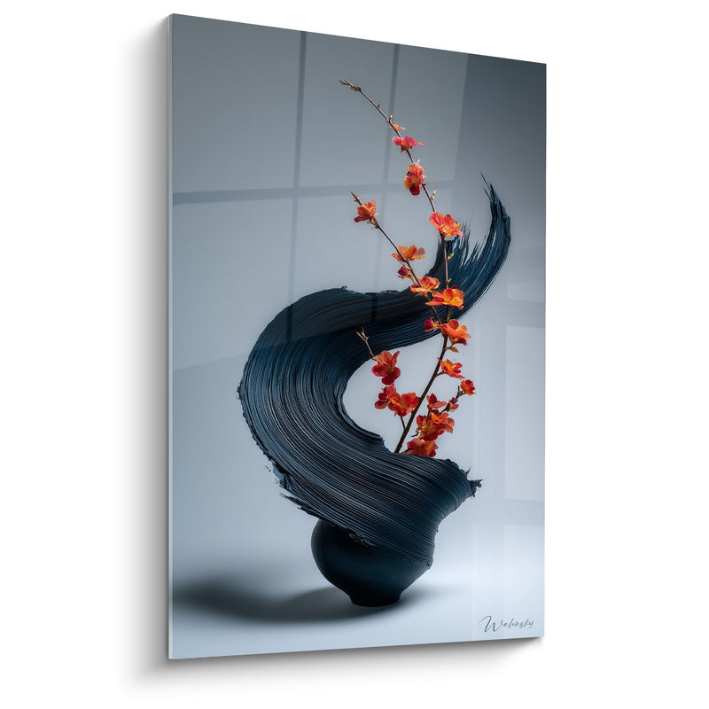 Floral Arrangement Painting Orange Branch and Swirling Black Vase - Zen Harmony - Ikebana Edition