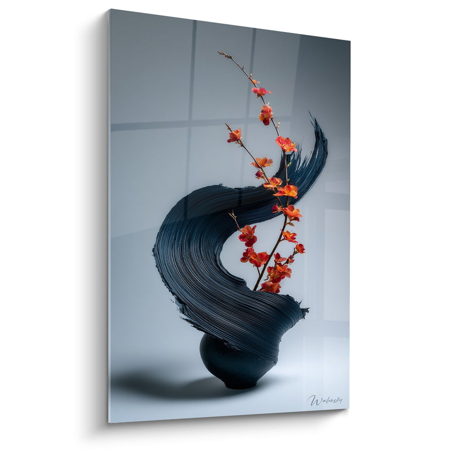 Tableau Arrangement Floral Branche Orange et Vase Noir Tourbillonnant - Harmonie Zen - Edition Ikebana