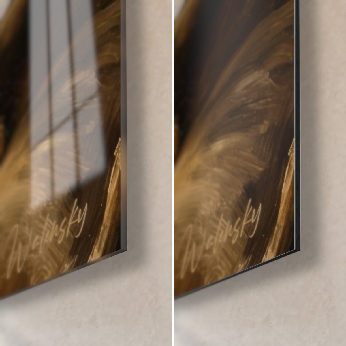 Wall art portrait of a golden cocker, bottom right corner: glossy acrylic glass with reflections, matte brown Dibond aluminium, 3 mm edge