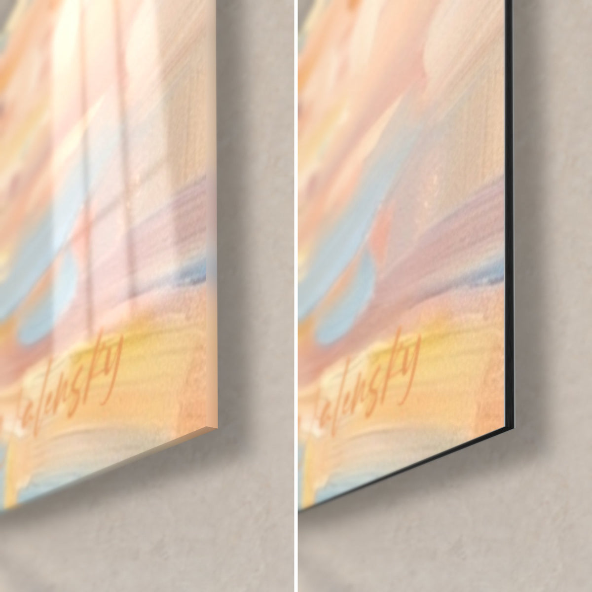Schilderij zeegezicht met gouden boot, hoek rechtsonder in glanzend acrylglas en mat zwart Alu Dibond, 3 mm rand zichtbaar