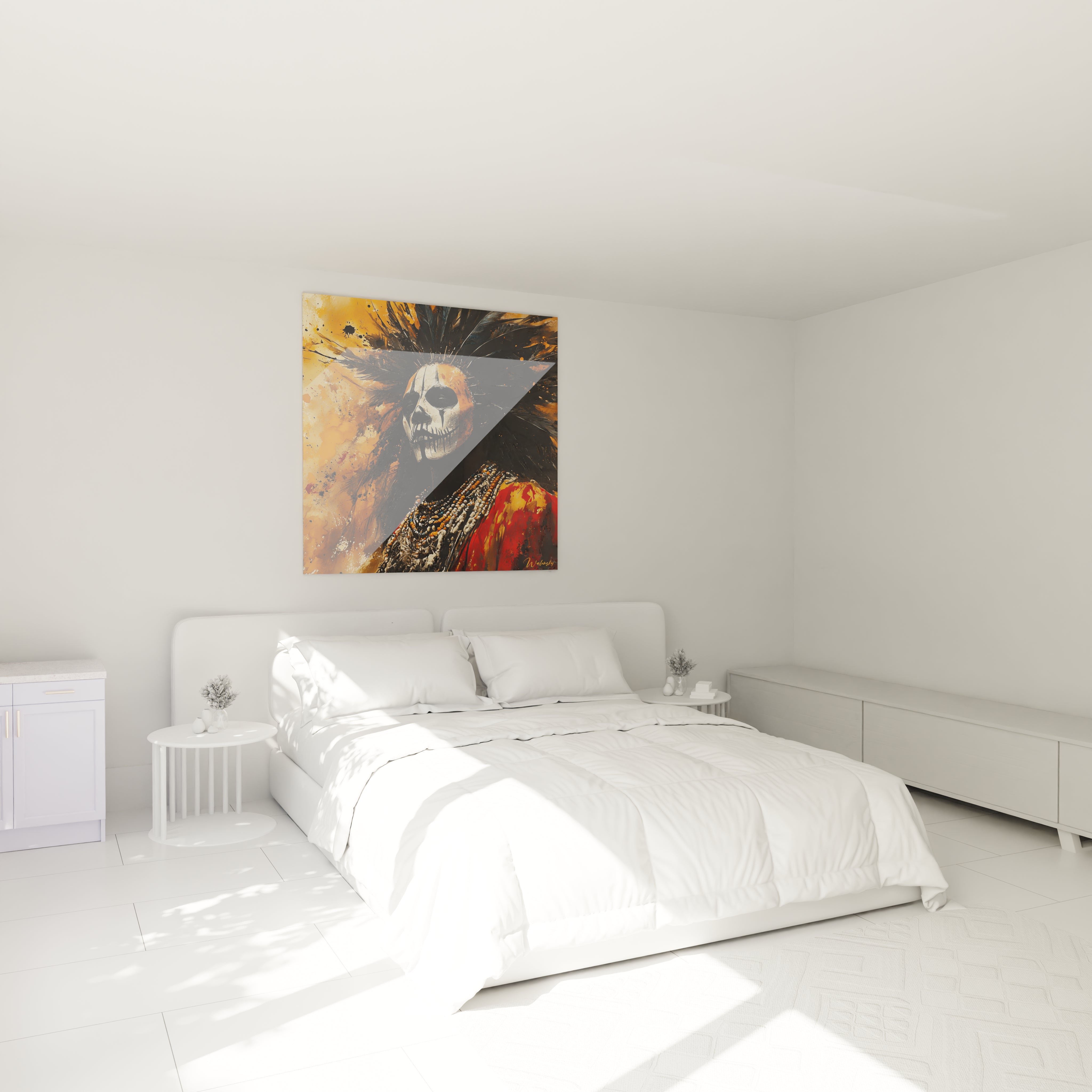 Tableau africain mural Walensky représentant un visage avec peinture de crâne et coiffure colorée dans une chambre moderne
