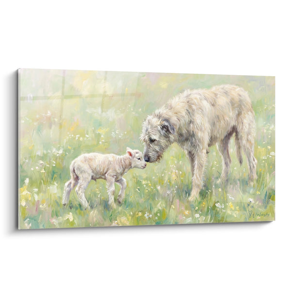 Cuadro Irish Wolfhound beige descubriendo pequeño cordero en hierbas salvajes - Curiosidad natural - Edición Irish Wolfhound