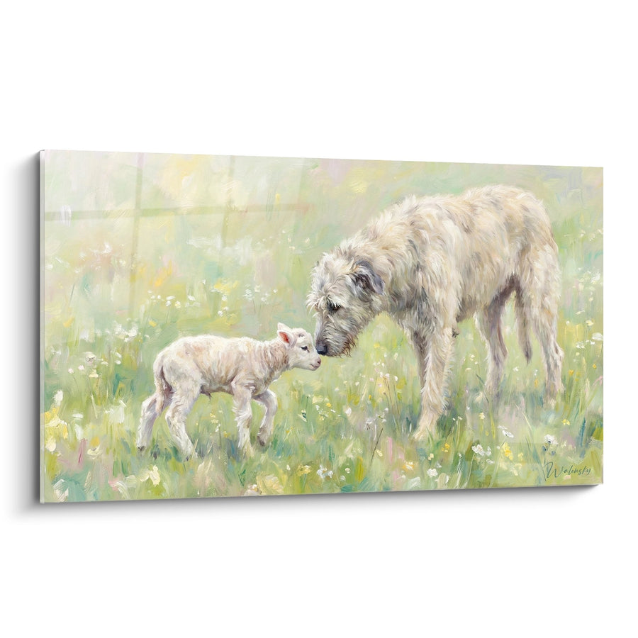 Tableau Irish Wolfhound beige découvrant petit agneau dans herbes folles - Curiosité naturelle - Edition Irish Wolfhound