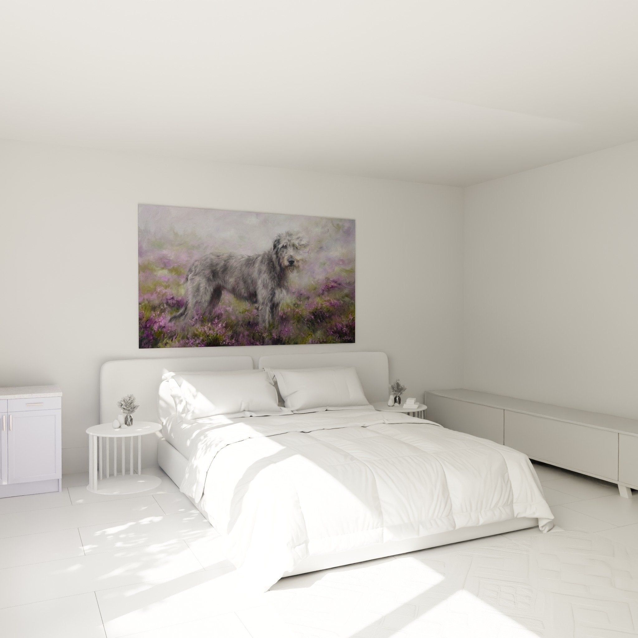 Gemälde Irish Wolfhound Hund Schlafzimmer Dekoration romantische Atmosphäre violette Blumen