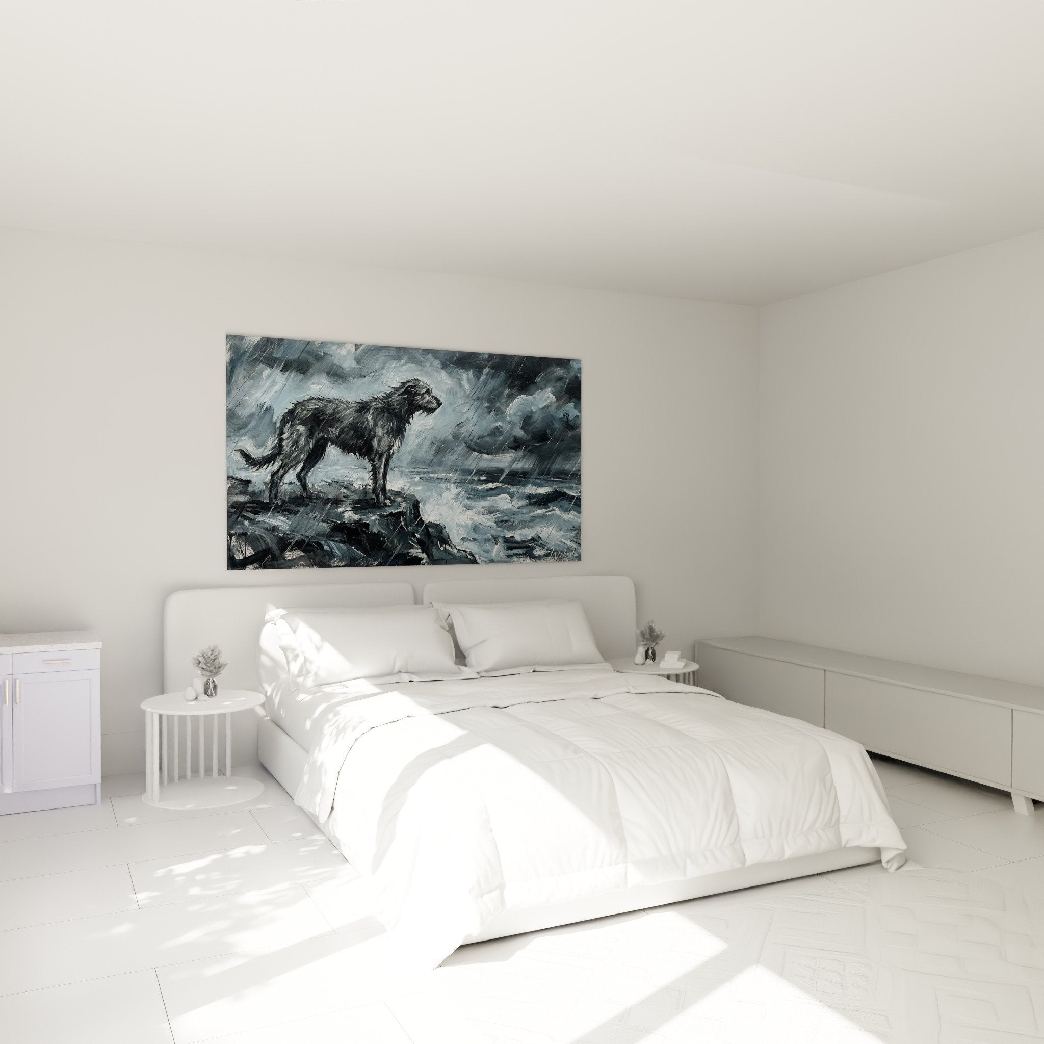Tableau chien Irish Wolfhound gris chambre decoration murale art canin tempete ambiance dramatique