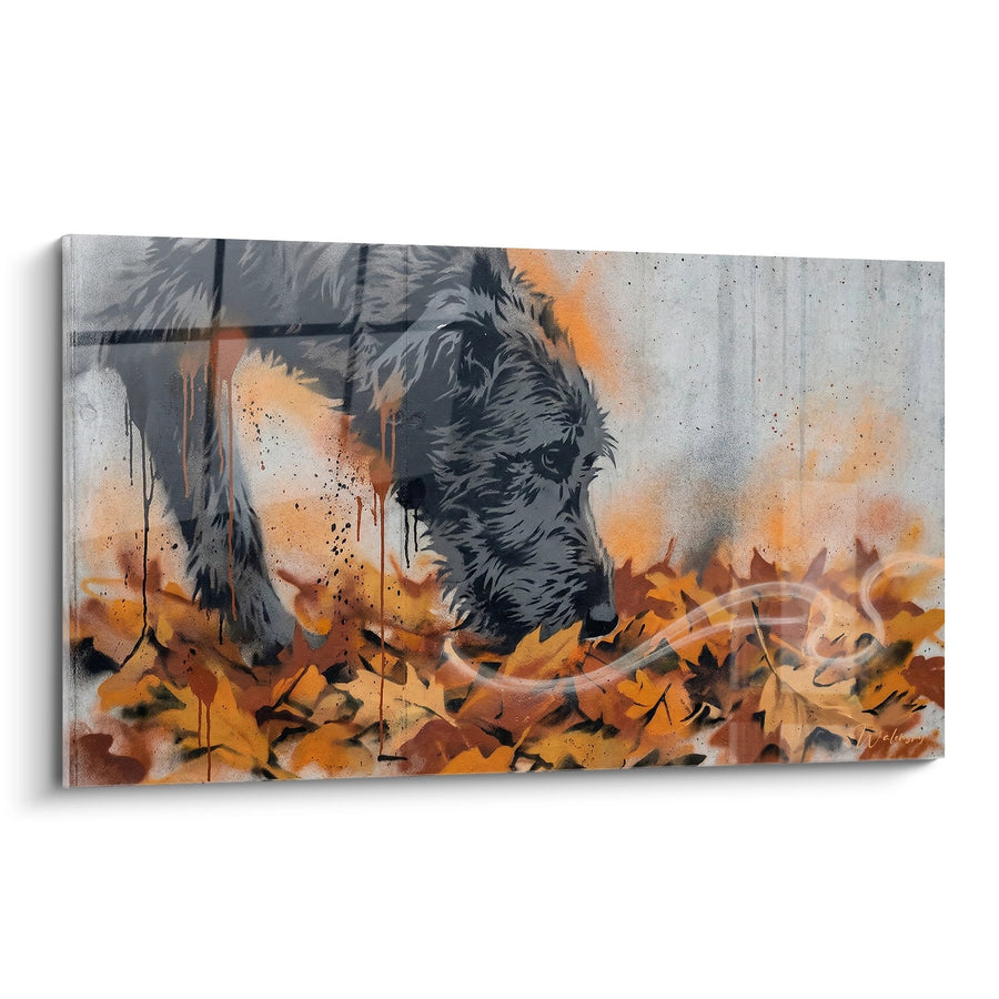 Tableau Irish Wolfhound Gris Explorant Feuillage Orange et Graffitis - Exploration Urbaine - Edition Irish Wolfhound