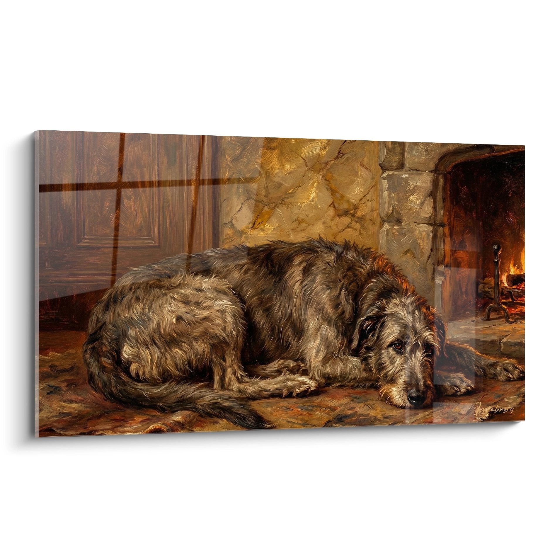 irish-wolfhound-allonge-devant-cheminee-pierre-salon-rustique-tons-dores