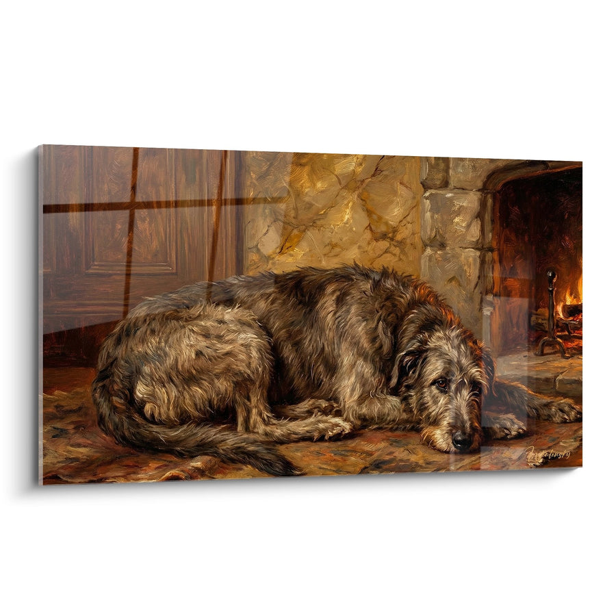 Tableau Irish Wolfhound majestueux allongé devant foyer de pierre dans salon rustique - Noblesse canine au coin du feu - Edition Irish Wolfhound
