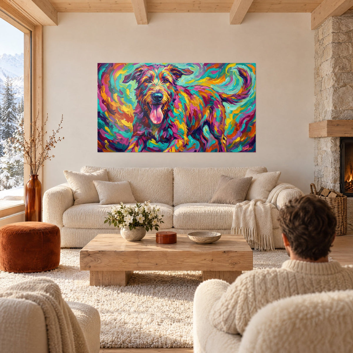 Wall art shaggy Greyhound in turquoise and magenta brushstrokes, pink tongue out, above a sofa in a bright living room