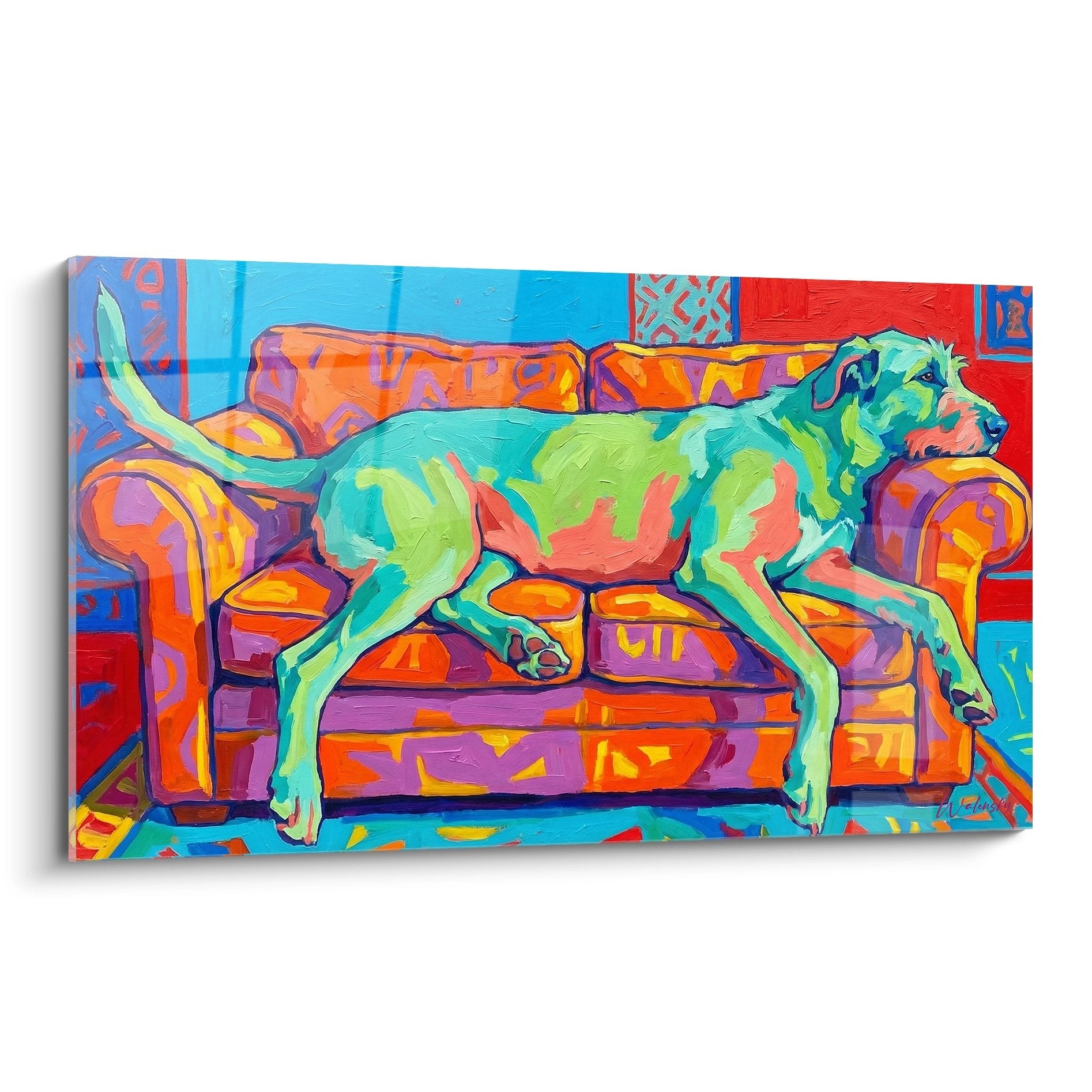tableau irish wolfhound vert emeraude allonge canape orange violet art moderne coloré