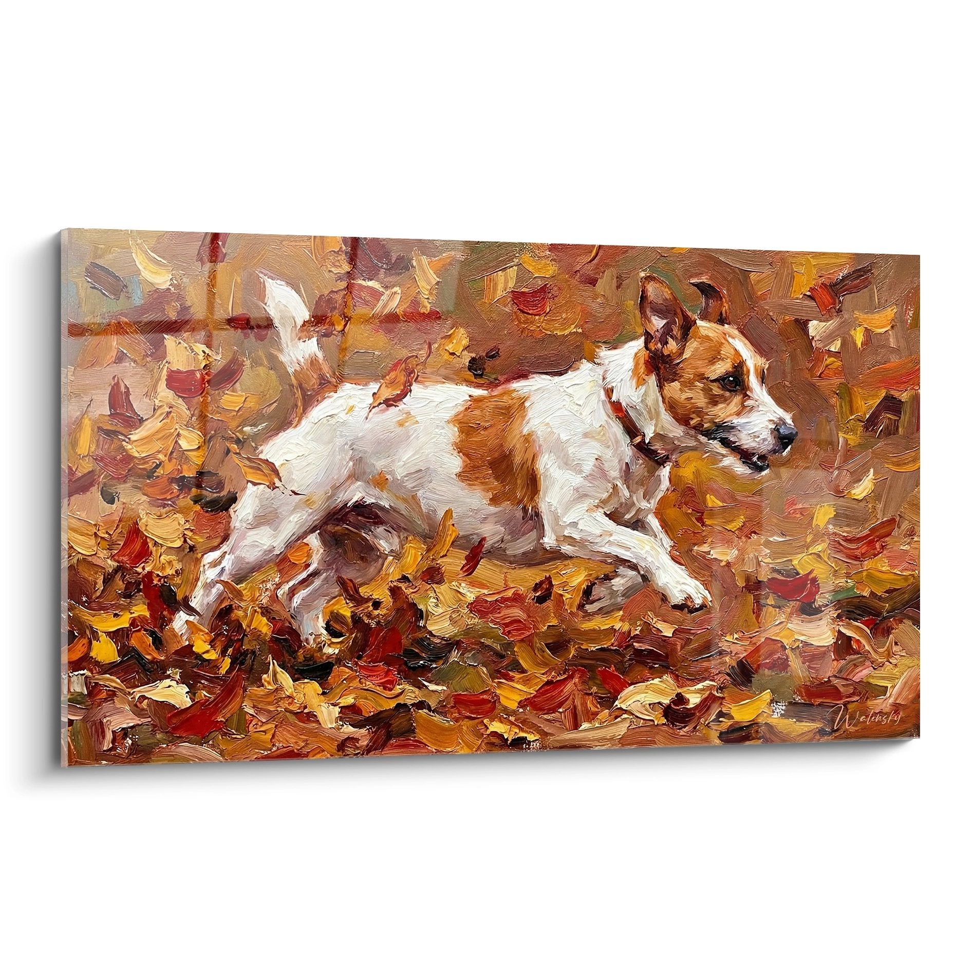 Peinture Jack Russel Terrier blanc et roux couche dans feuillage automne tons dores cuivres expressionniste
