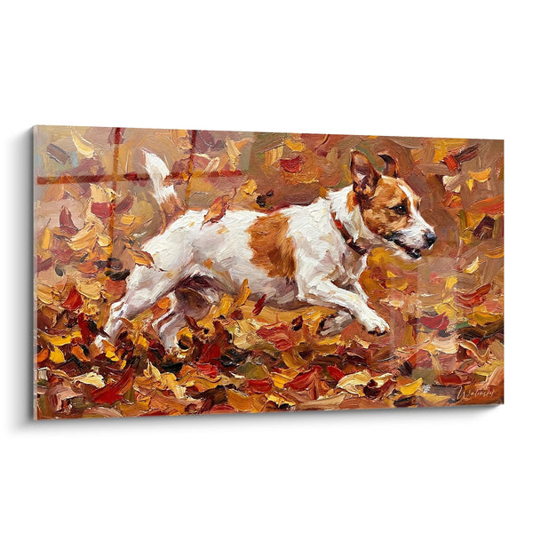 Cuadro de Perro Blanco y Rojo en Hojas de Otoño - Otoño Cálido - Edición Jack Russell Terrier