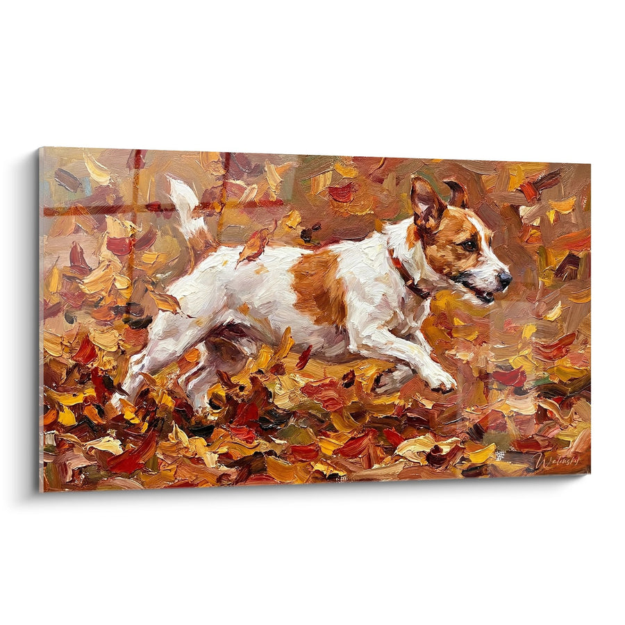 Schilderij Witte en Rode Hond in Herfstbladeren - Warme Herfst - Editie Jack Russel Terrier