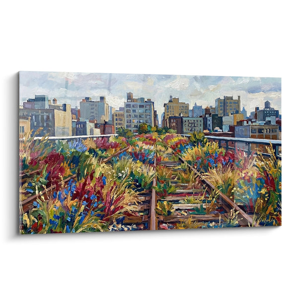 Tableau jardin urbain sur toit avec gratte-ciel colorés - Végétation Métropolitaine - Edition Manhattan
