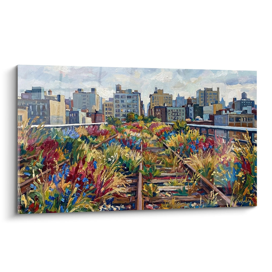 Quadro giardino urbano su tetto con grattacieli colorati - Vegetazione Metropolitana - Edizione Manhattan