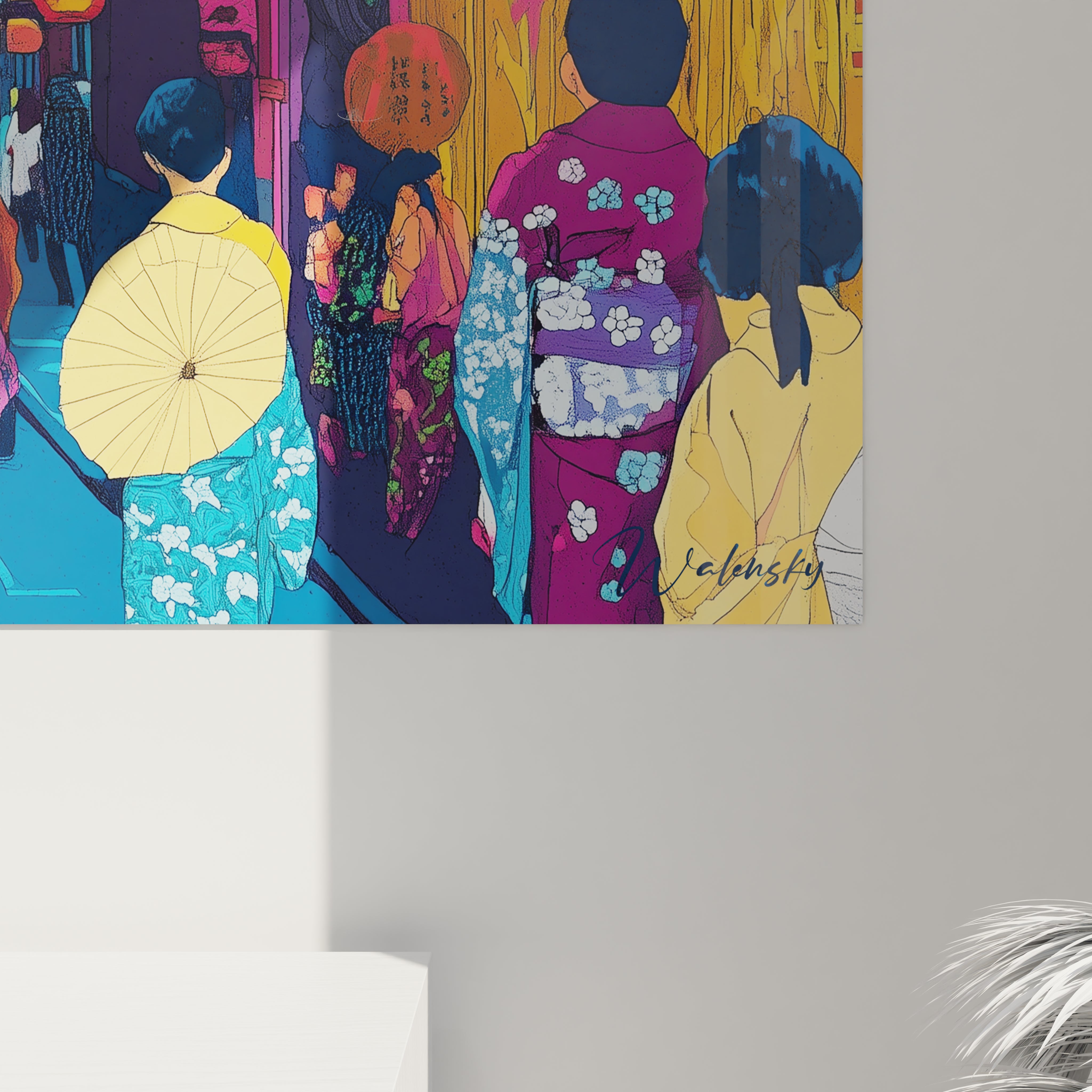 Tableau japon Walensky représentant des femmes en kimonos colorés dans une scène traditionnelle japonaise