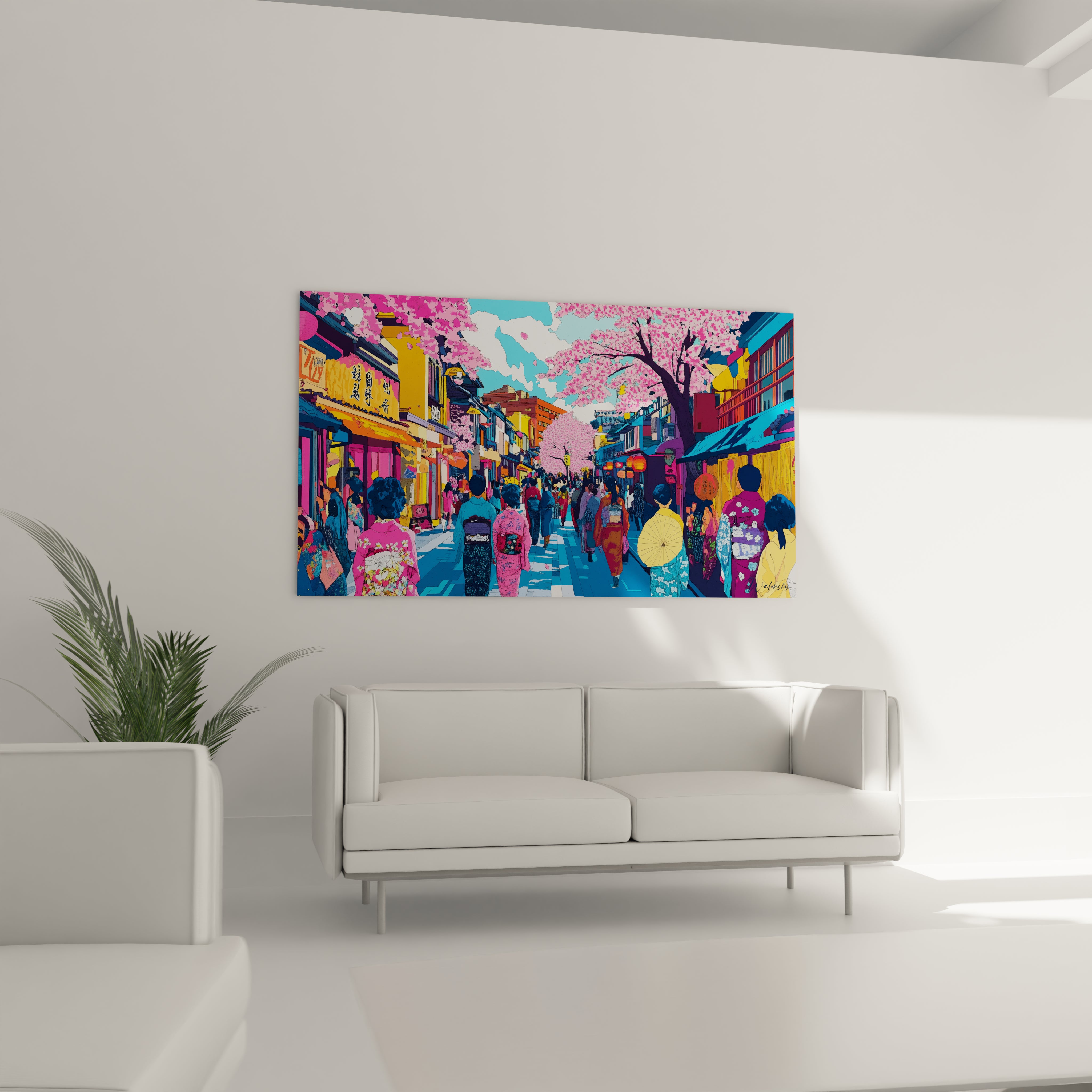 Tableau Japon coloré représentant une rue animée avec cerisiers en fleurs accroché dans un salon moderne