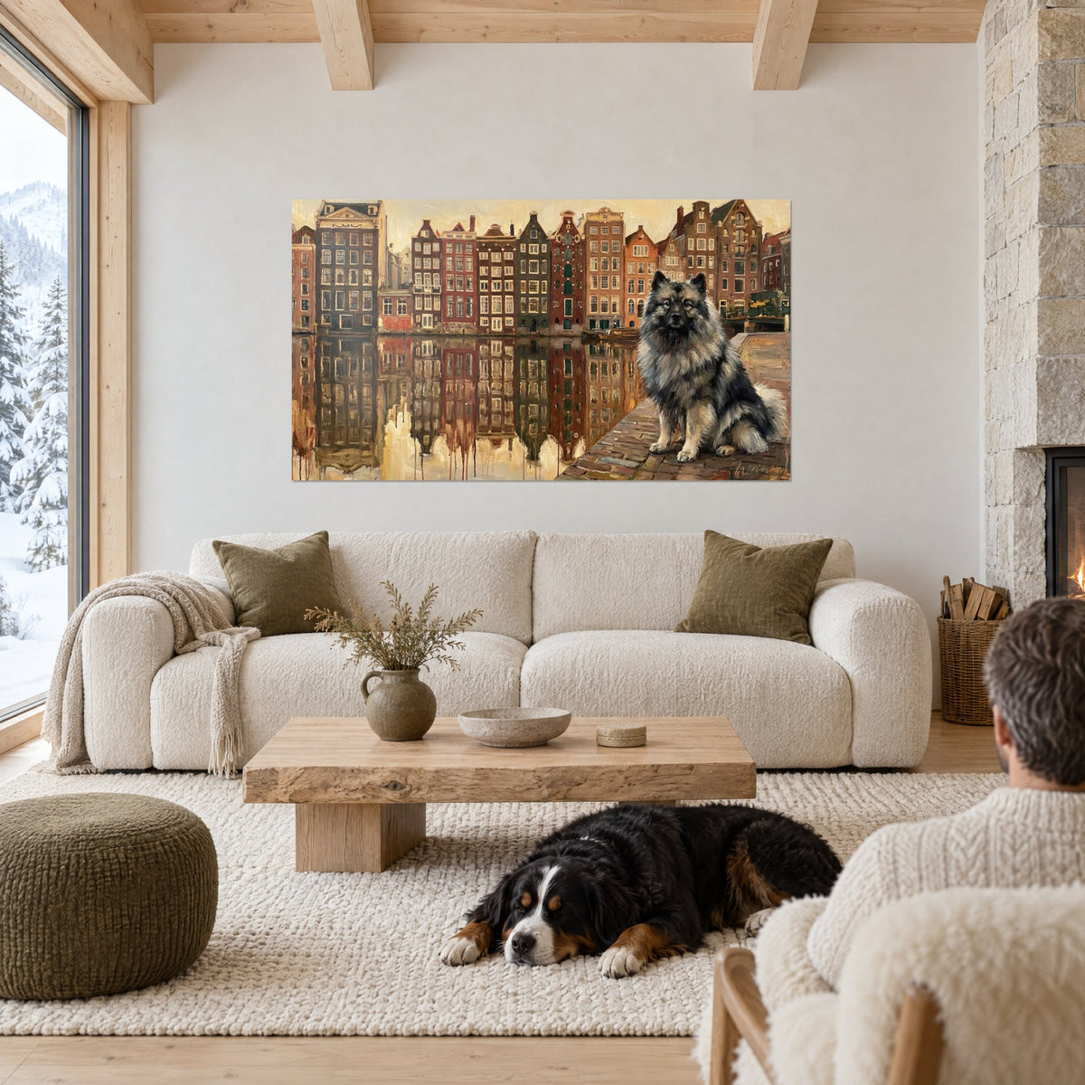 Schilderij spitz wolfshond grijs en crème poserend voor rode en okerkleurige bakstenen gevels, besneeuwd chalet, bank