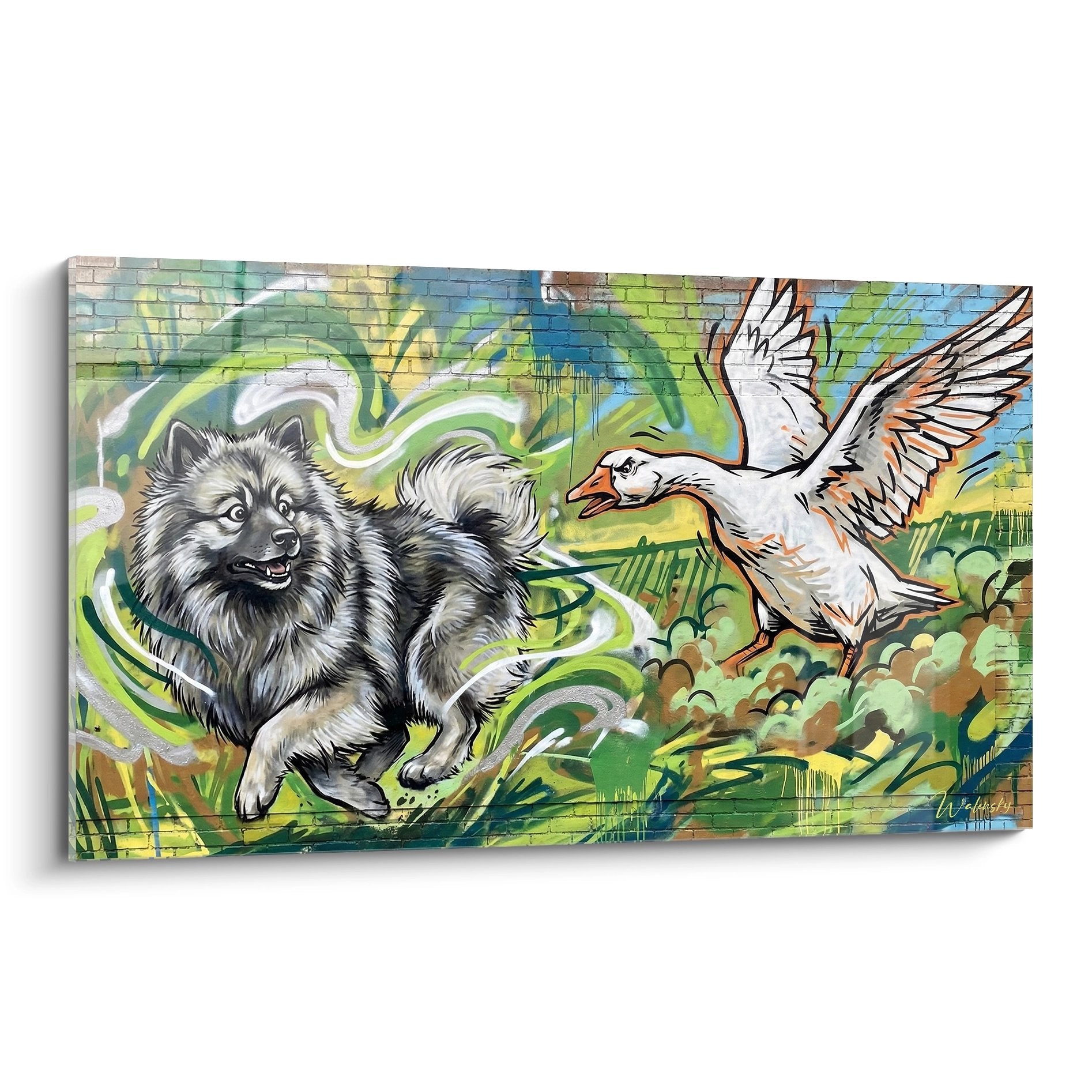 Keeshond argenté et oiseau sur fond graffiti vert - tableau art urbain animalier