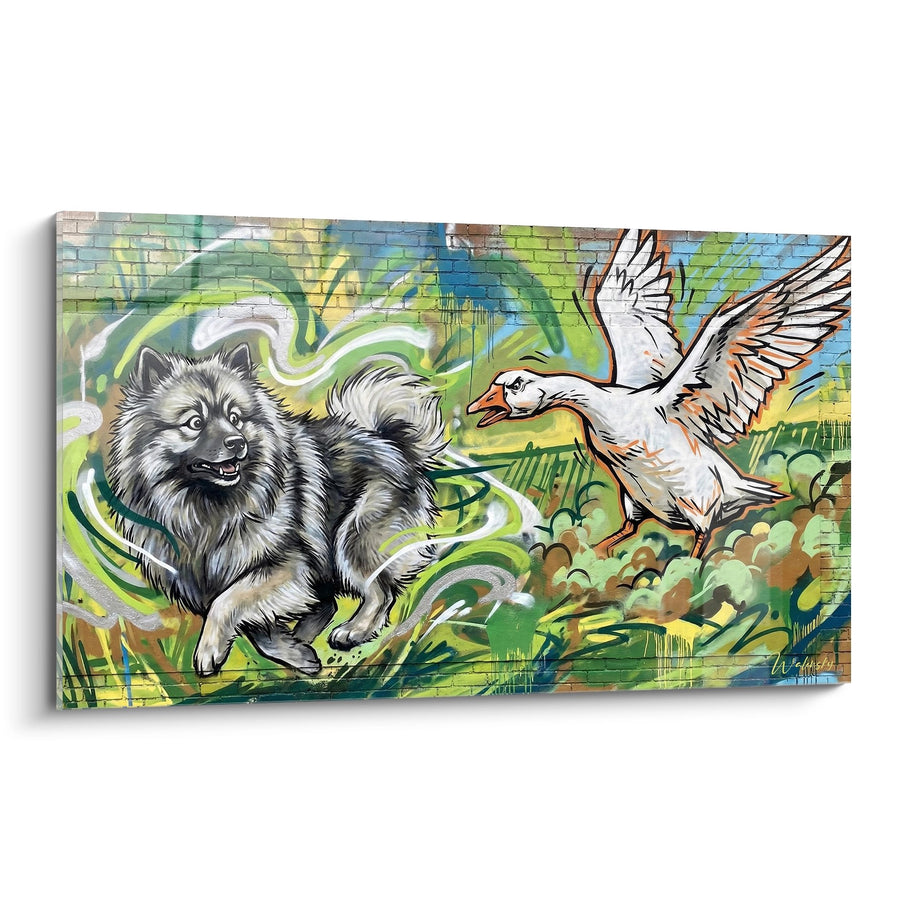 Tableau Keeshond Argenté et Oiseau en Vol sur Fond Graffiti Vert - Art de Rue Animalier - Edition Keeshond