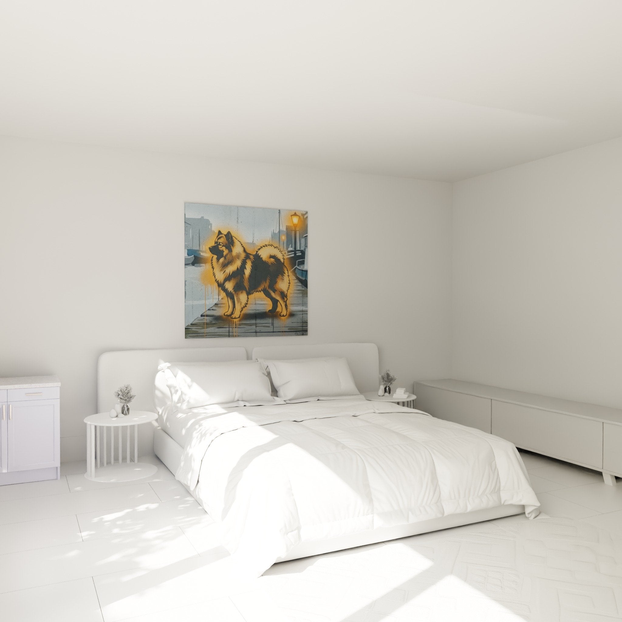 Keeshond doré style urbain décorant chambre moderne avec murs clairs et mobilier contemporain