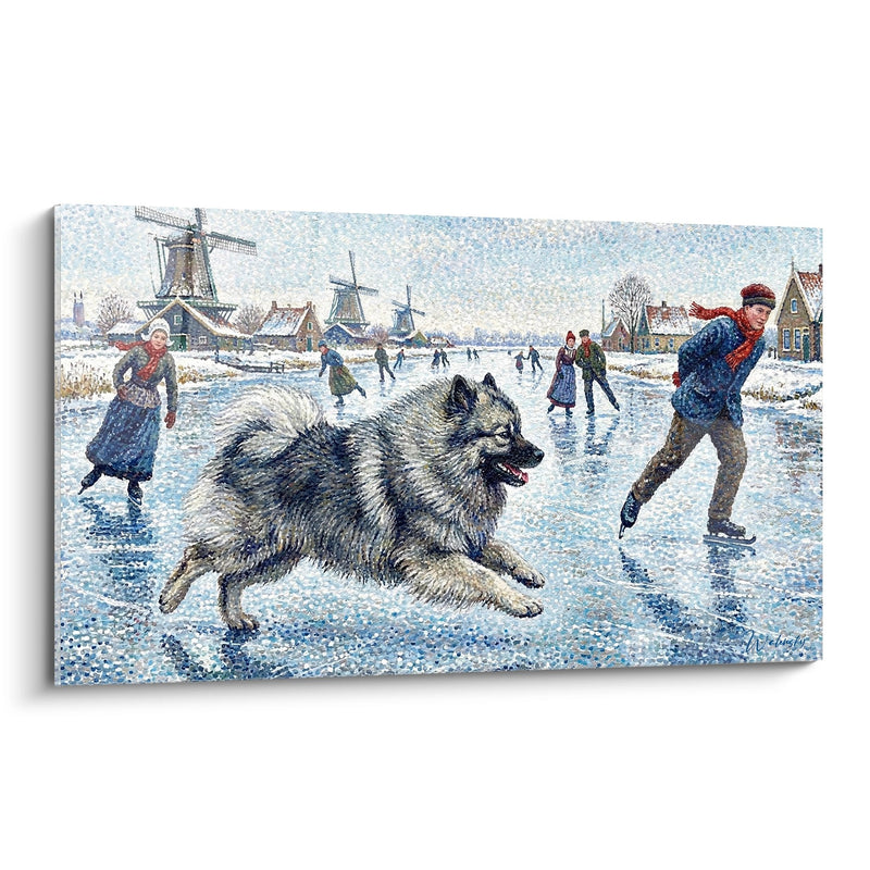 Quadro Keeshond su Pista di Pattinaggio Ghiacciata con Mulini Tradizionali - Piaceri Ghiacciati Olandesi - Edizione Keeshond