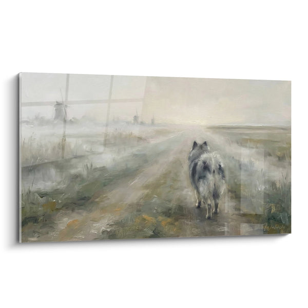 Tableau Keeshond aux Tons Nacrés dans Paysage Brumeux avec Moulins - Atmosphère Hollandaise Impressionniste - Edition Keeshond