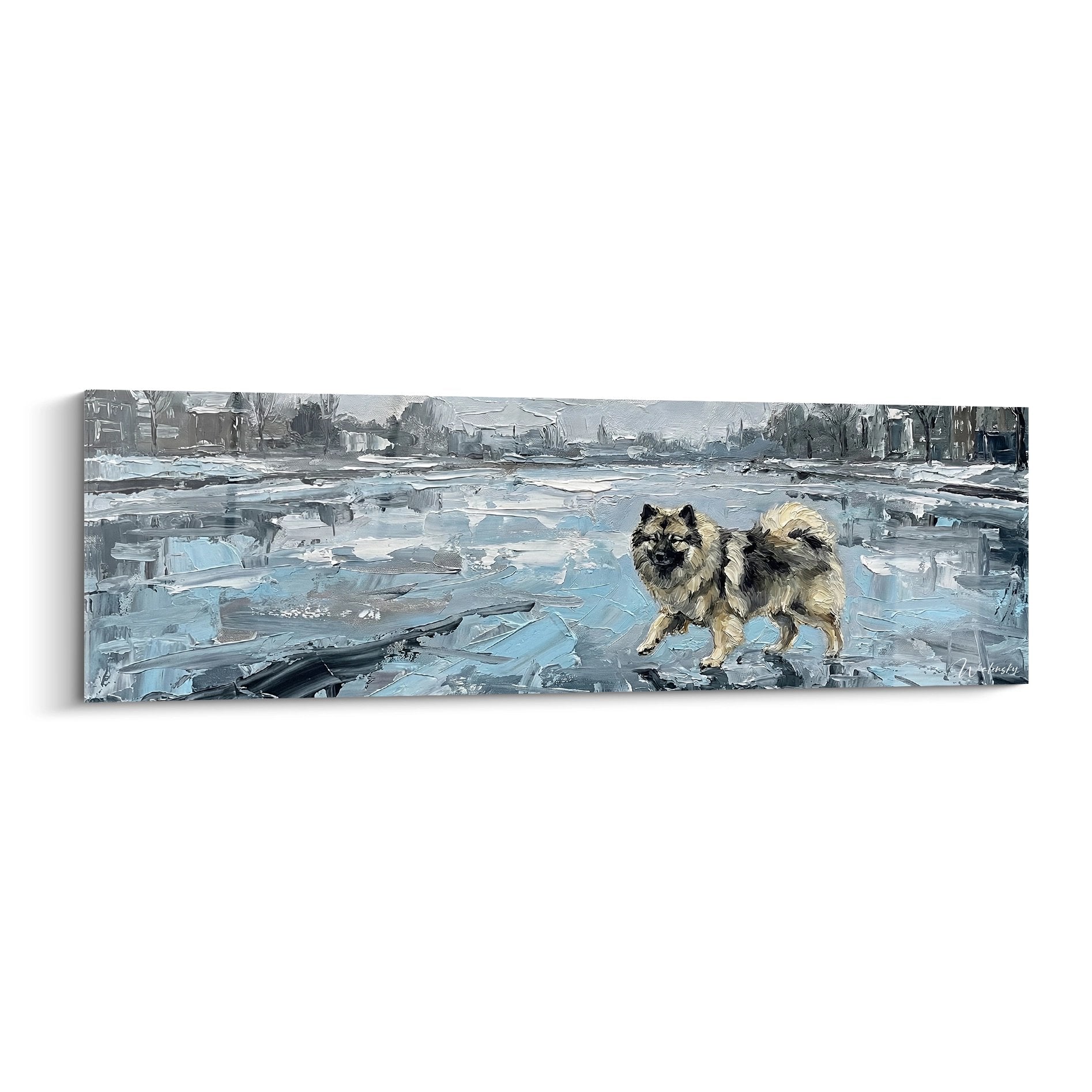 Tableau Keeshond pelage fauve sur paysage glace bleue fragmentee style expressif peinture