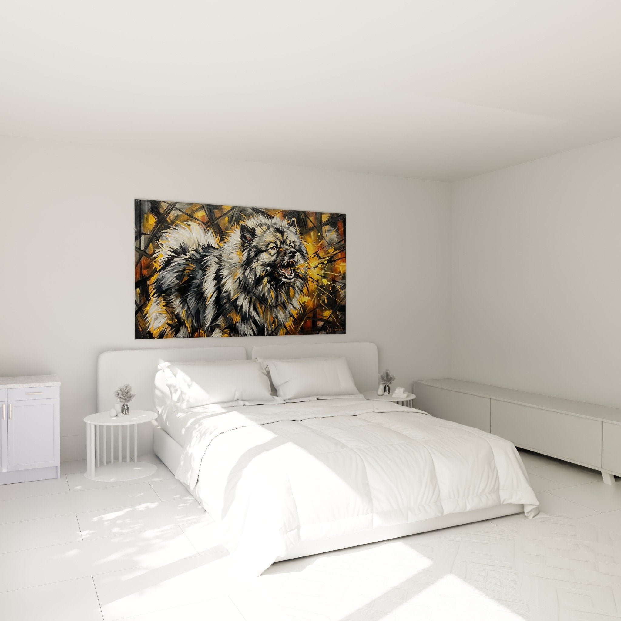 tableau-keeshond-puissant-chambre-decoration-murale-art-animalier-eclats-dores-moderne