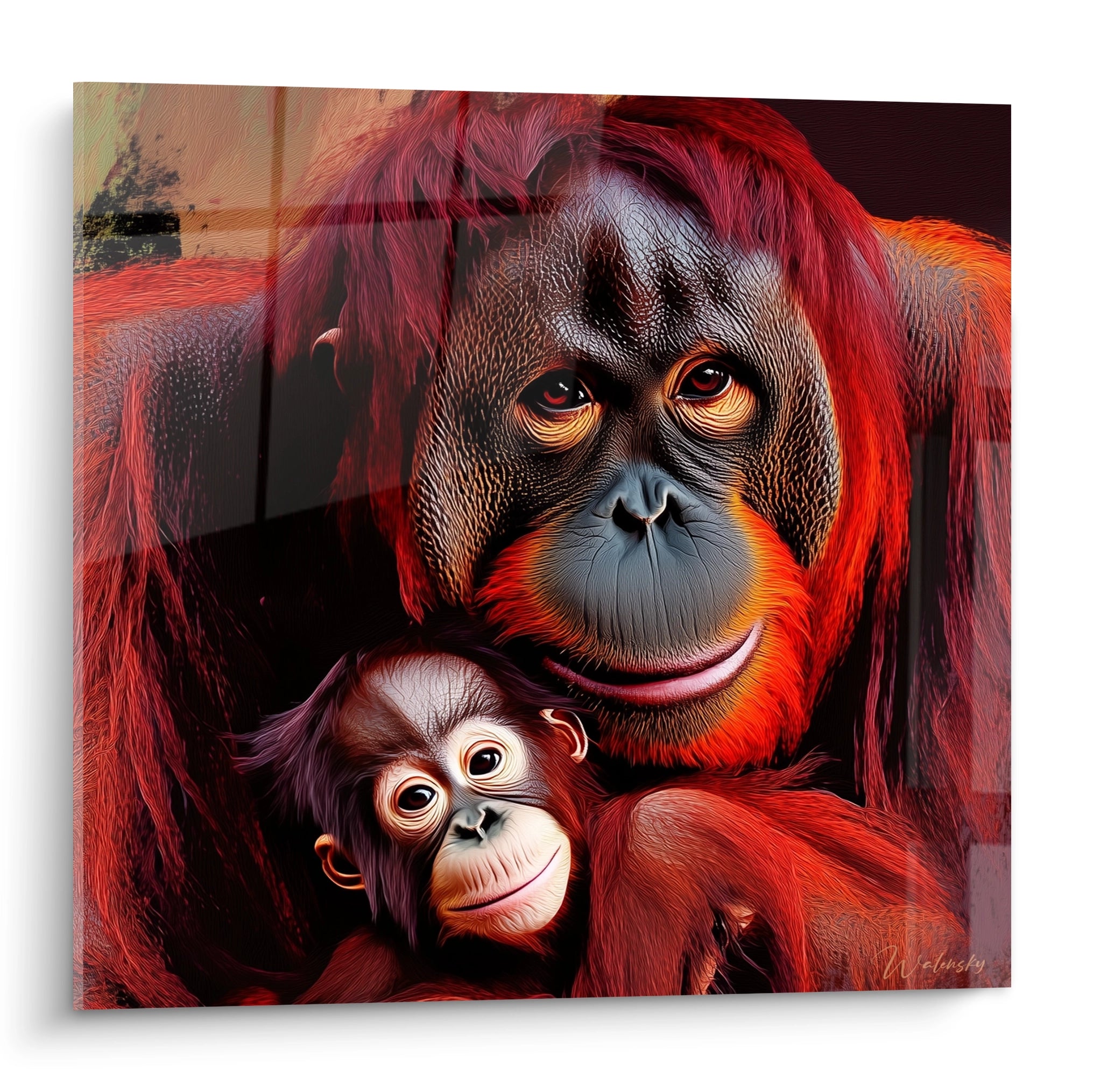 Tableau orang outan Walensky représentant une mère orang outan avec son bébé aux couleurs vives