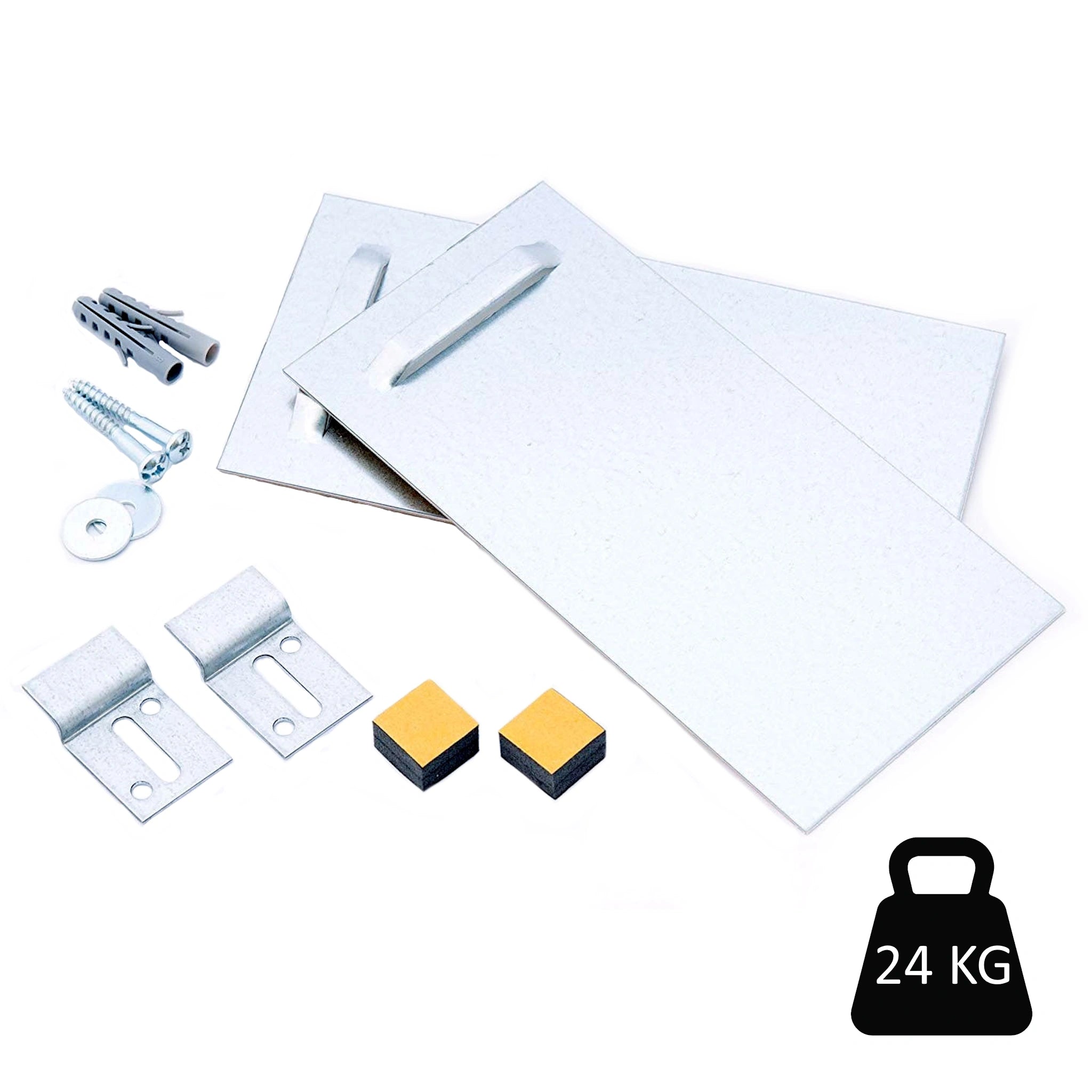Kit Walensky de fixations murales contenant crochets de fixation mural 24kg, plaques, vis, chevilles et tampons adhesifs