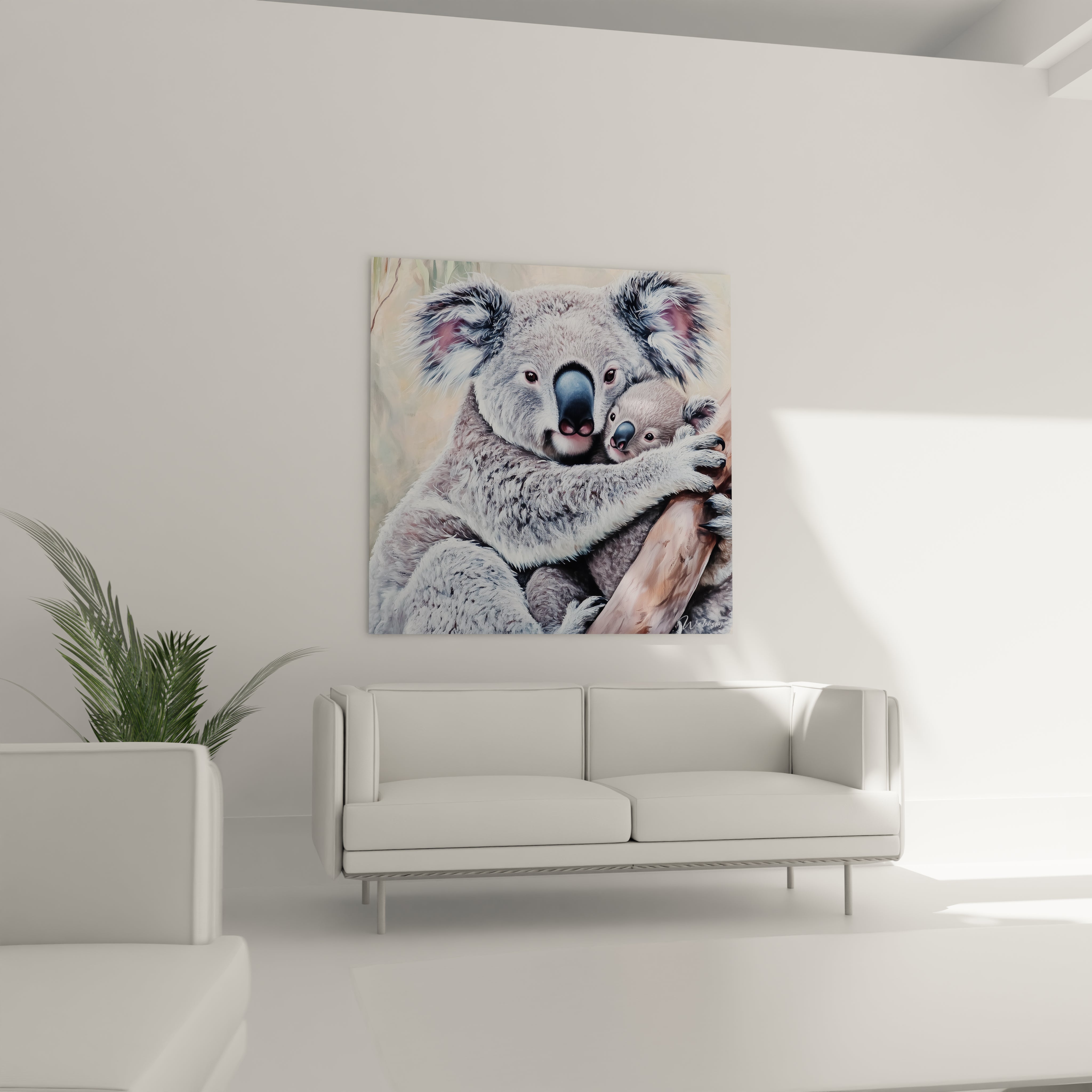 Tableau koala Walensky représentant un koala mère avec son bébé dans un salon moderne et lumineux