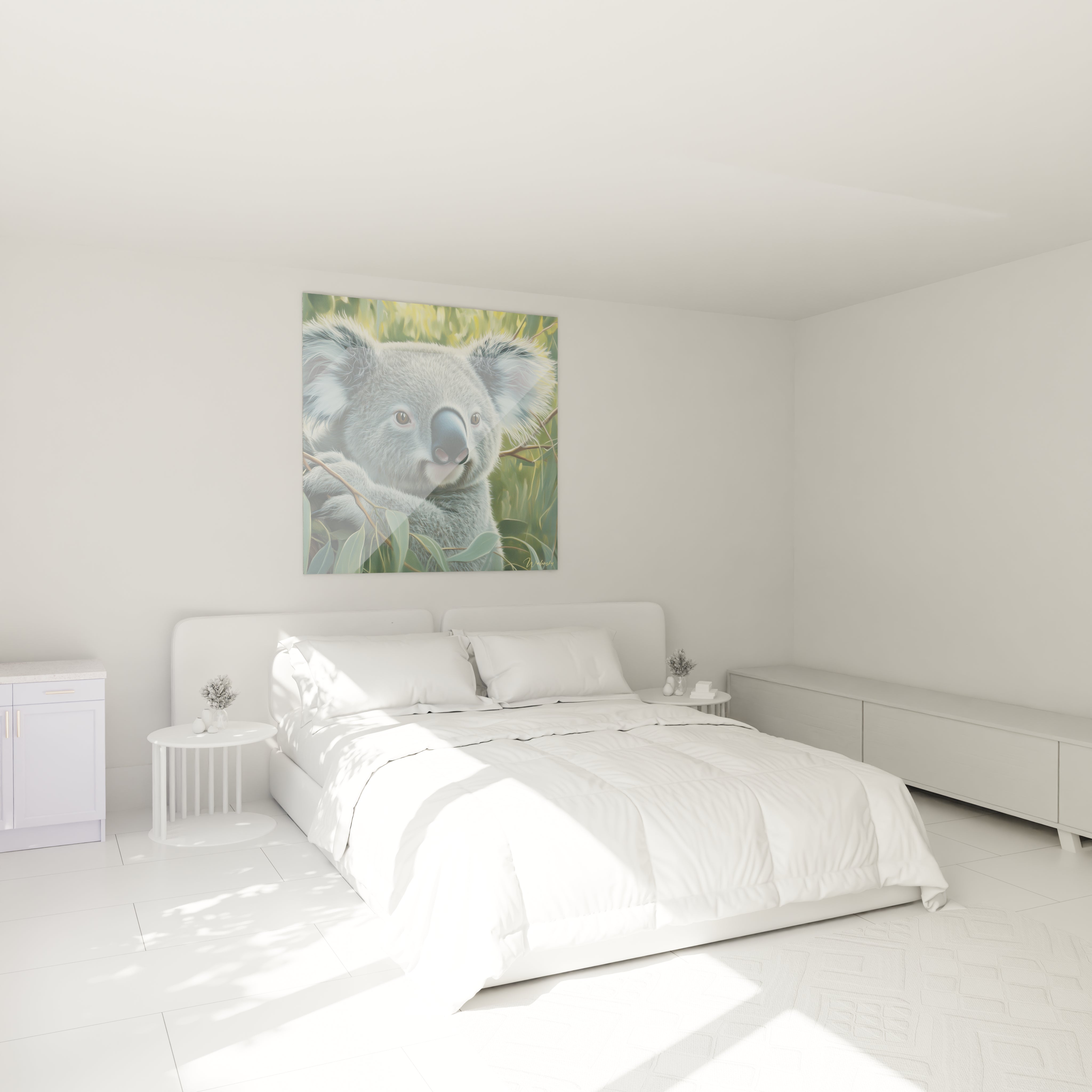 Tableau koala Walensky accroché au mur d'une chambre moderne blanche avec lit et meubles minimalistes