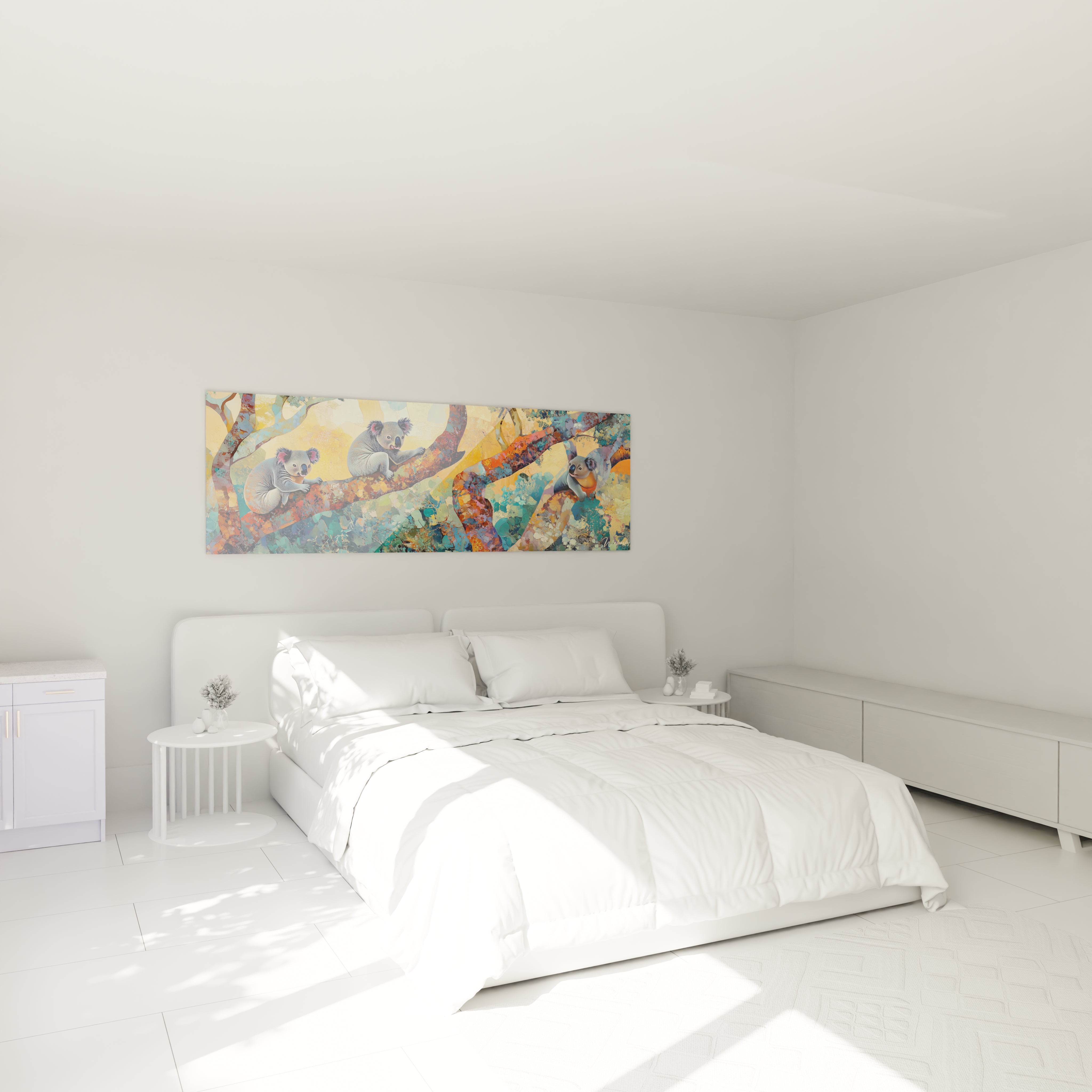Tableau koala Walensky coloré suspendu au-dessus d'un lit blanc dans une chambre lumineuse minimaliste
