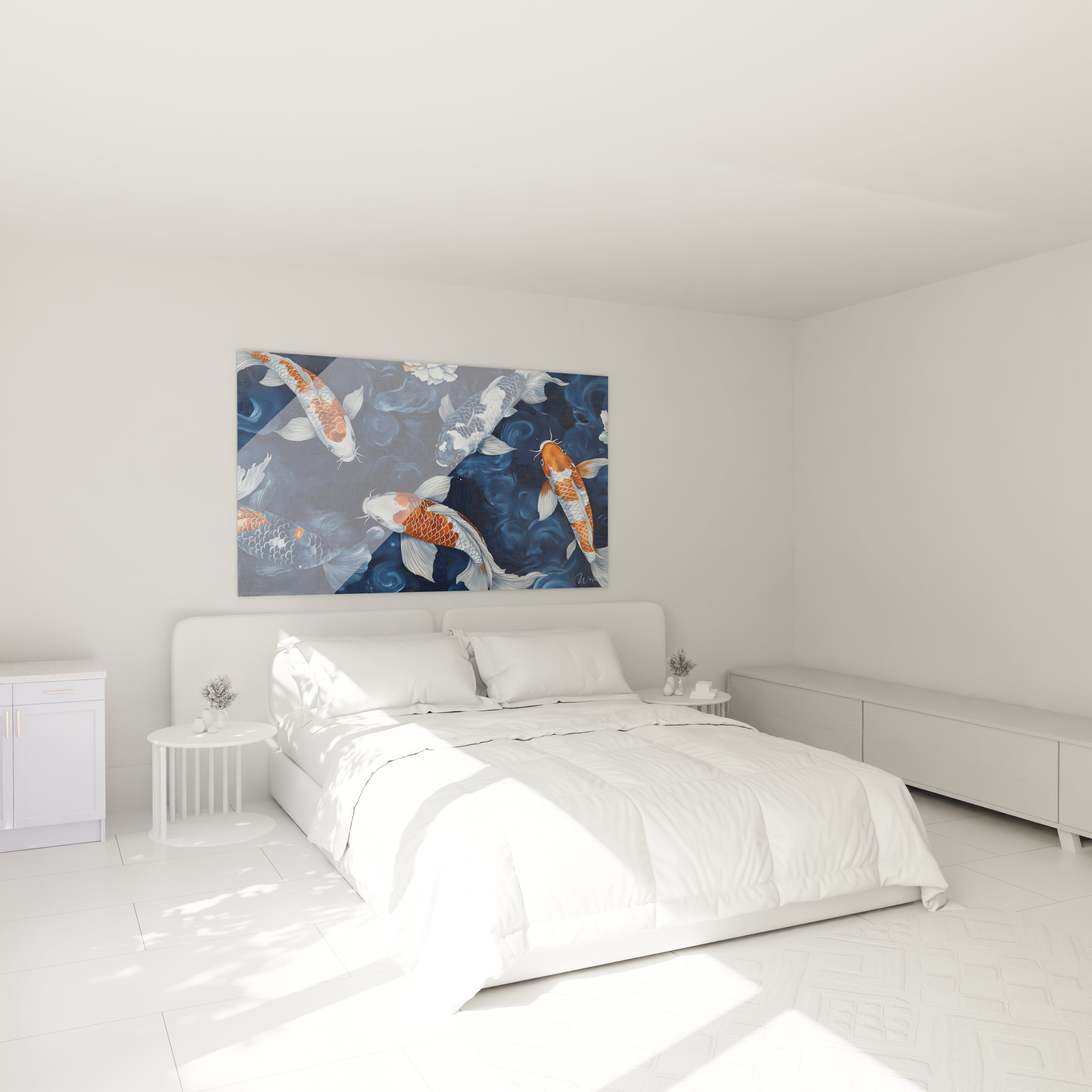 Tableau de carpes koi Walensky sur fond bleu pour décorer une chambre moderne