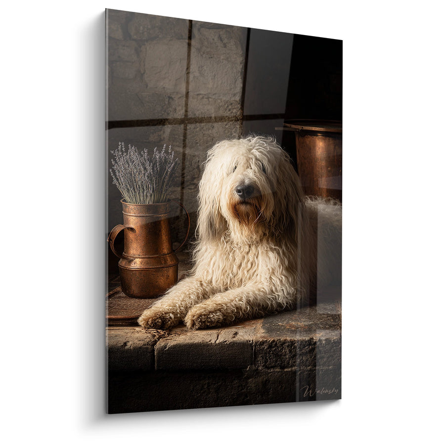 Curly White Dog Painting in Rustic Interior - Countryside Serenity - Komondor Edition