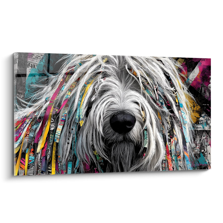 White Long-Haired Dog Painting on Street Art Background - Colorful Urban Portrait - Komondor Edition