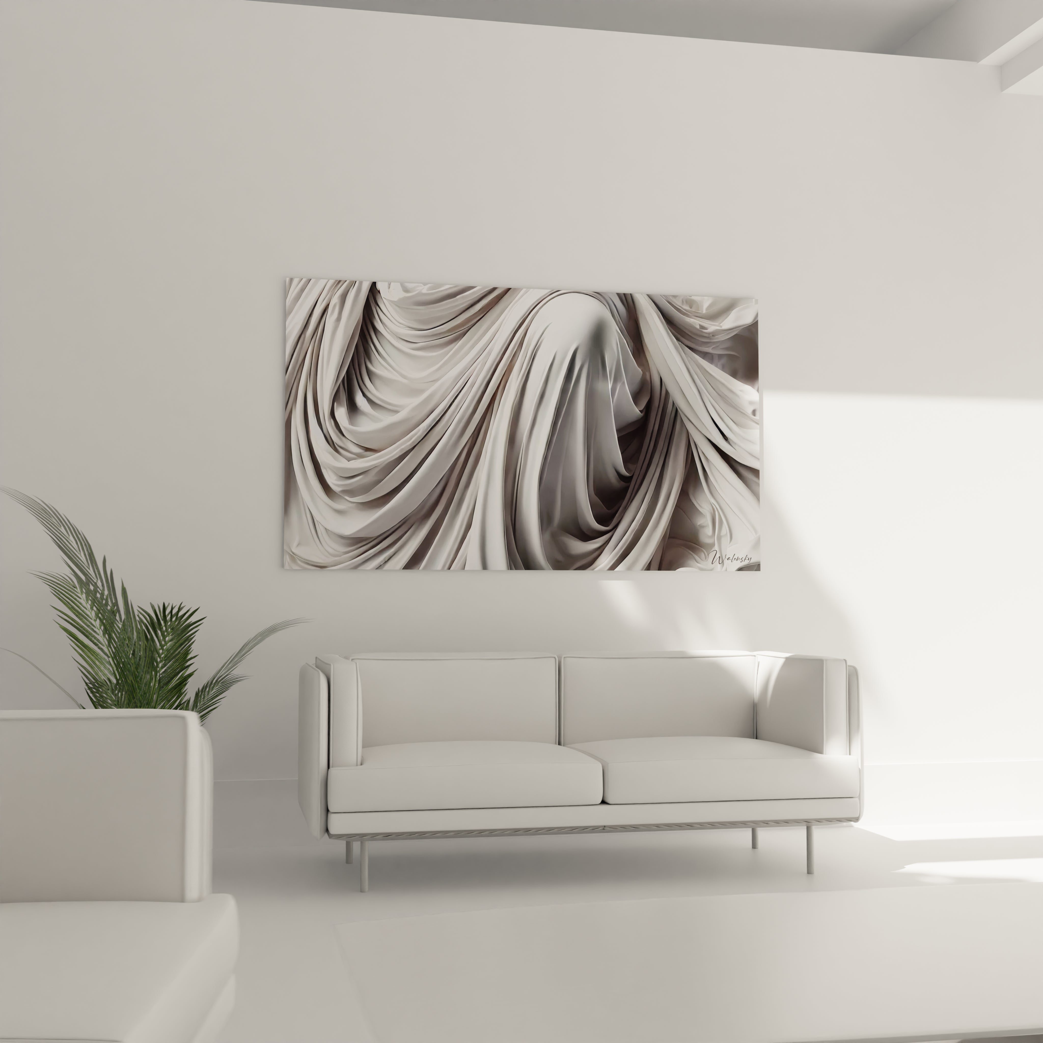 Tableau de draperie fluide suspendu au-dessus d'un canapé. Les textures soyeuses et les contrastes doux du tissu créent un effet visuel apaisant dans le salon, idéal pour une déco moderne.