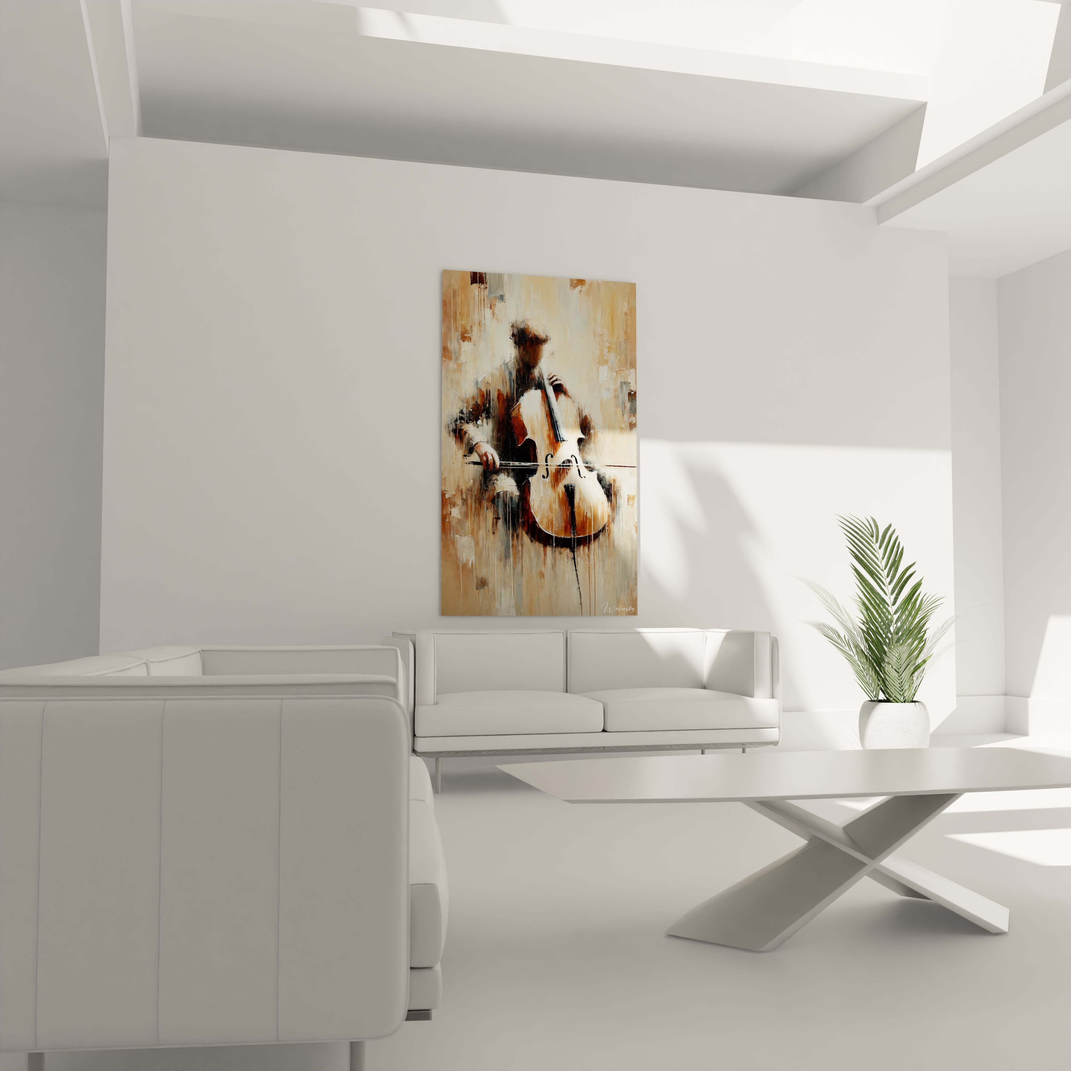 Sublimez votre salon avec "Échos d'un Violon" accroché au-dessus du canapé. Les tons doux et l'ambiance abstraite apportent élégance et harmonie à votre espace. Tableau Salon

