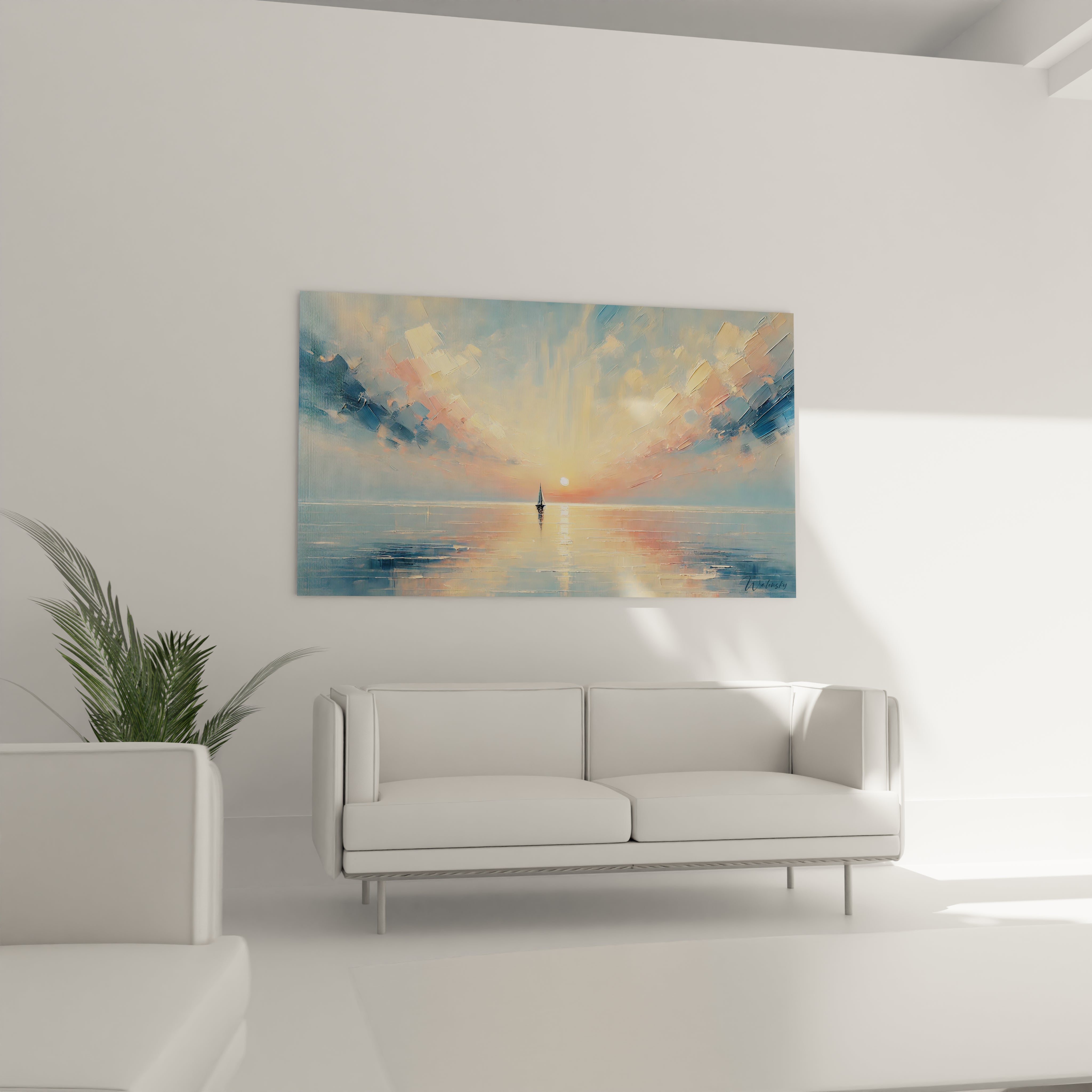 Tableau "Soleil des Derniers Instants" orne le mur au-dessus du canapé, ajoutant une ambiance chaleureuse au salon grâce à ses couleurs douces et sa scène maritime relaxante.