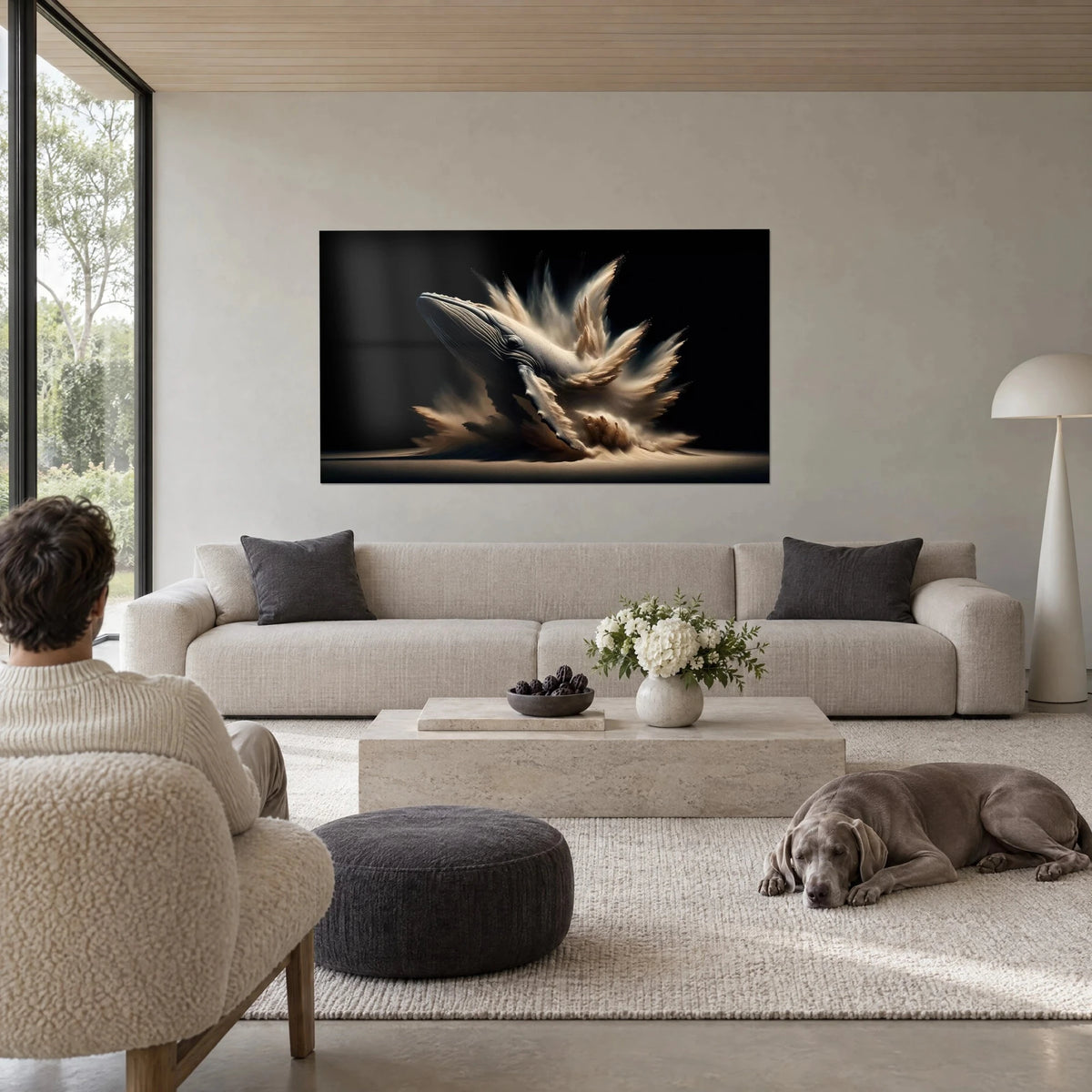 Wall art of a humpback whale emerging from a cloud of beige sand on a black background, two people seen from behind above a sofa in a bright living room