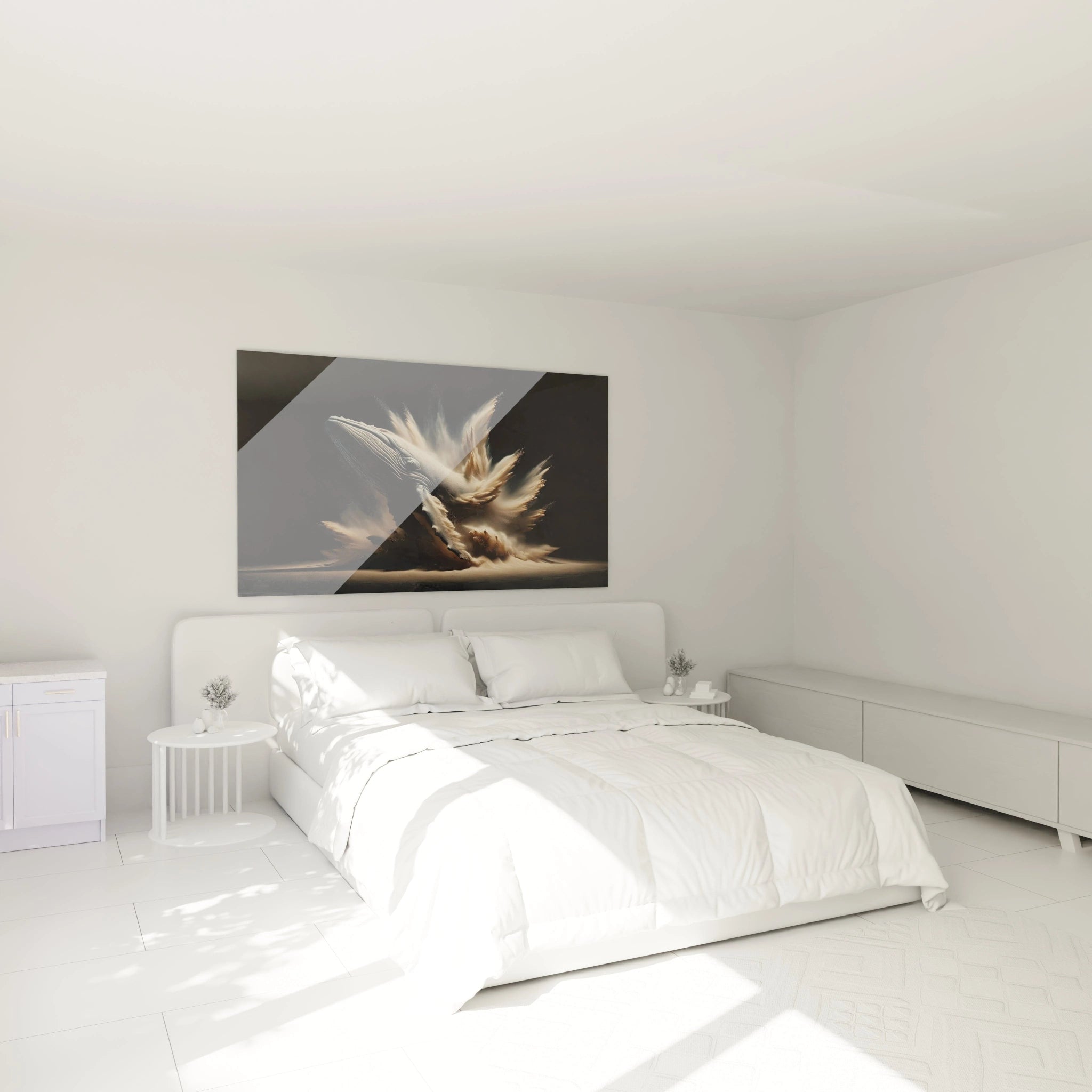 Une composition abstraite de baleine en mouvement, utilisant des teintes noir, beige et blanc, avec des effets visuels d'éclats et de contrastes marqués.
