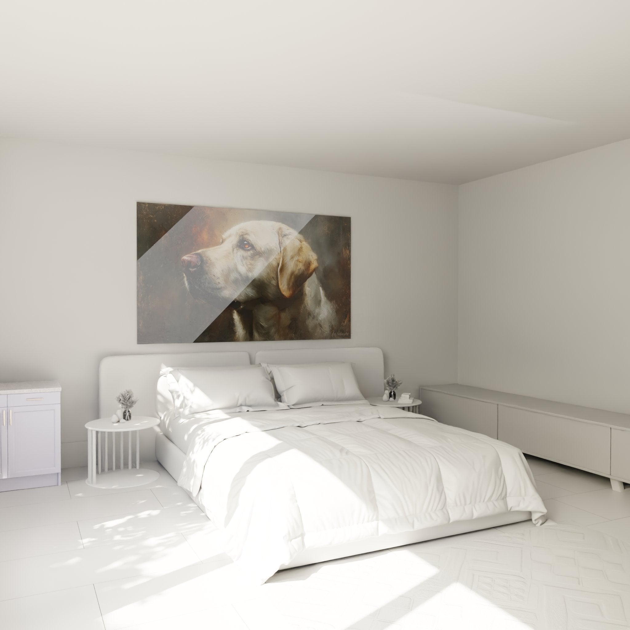 Golden labrador wall art in modern bedroom with natural tones decor and wooden furniture