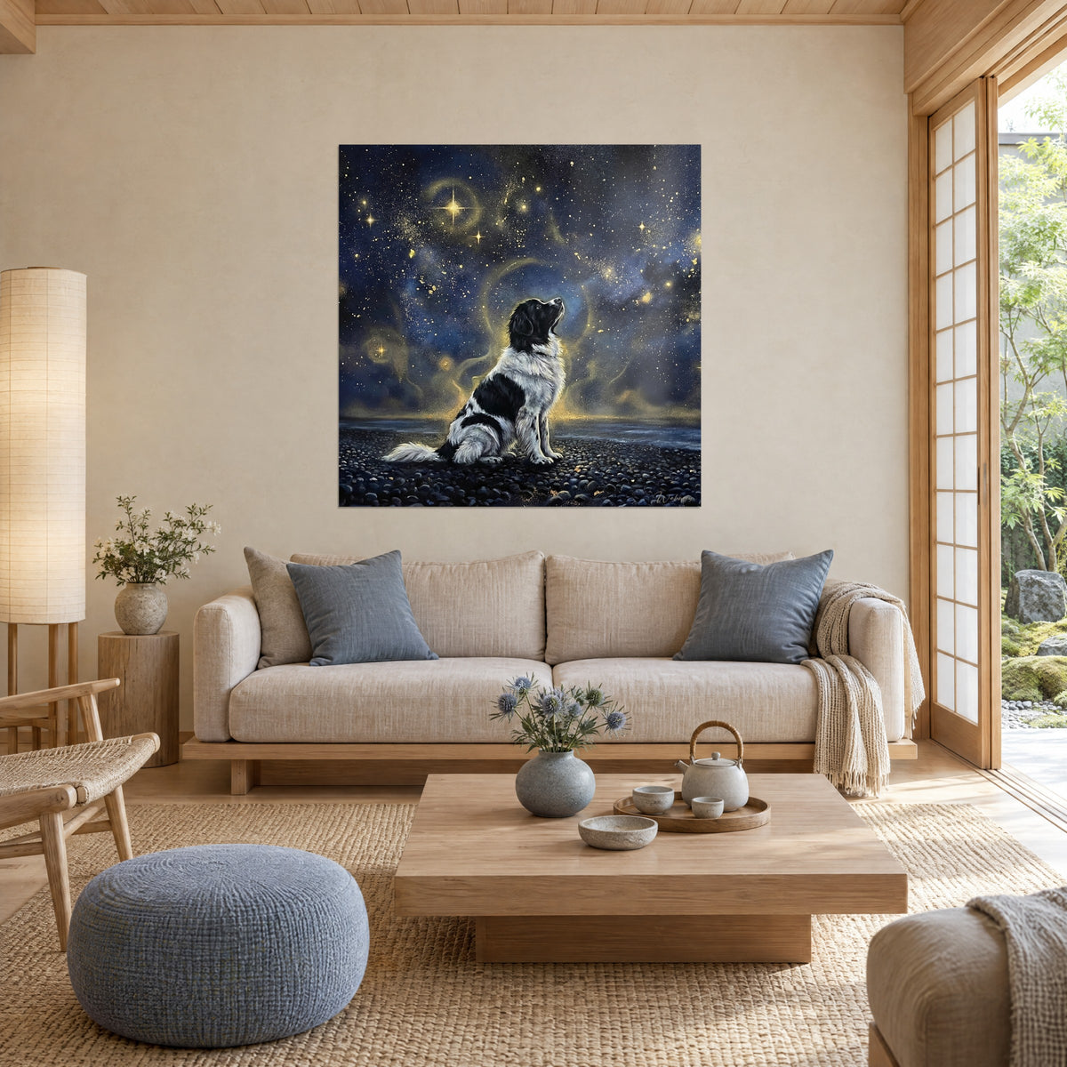 Cuadro perro Landseer blanco y negro sentado sobre guijarros, frente a un cielo azul noche estrellado, encima de un sofá en un salón luminoso