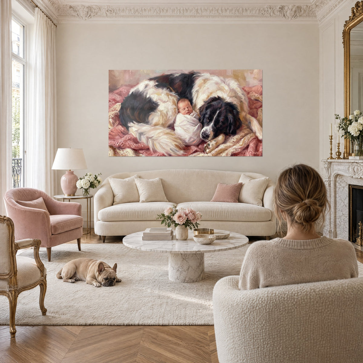 Schilderij: Reusachtige zwart-witte hond waakt over een ingepakte baby, poederroze deken, boven een bank in een lichte woonkamer