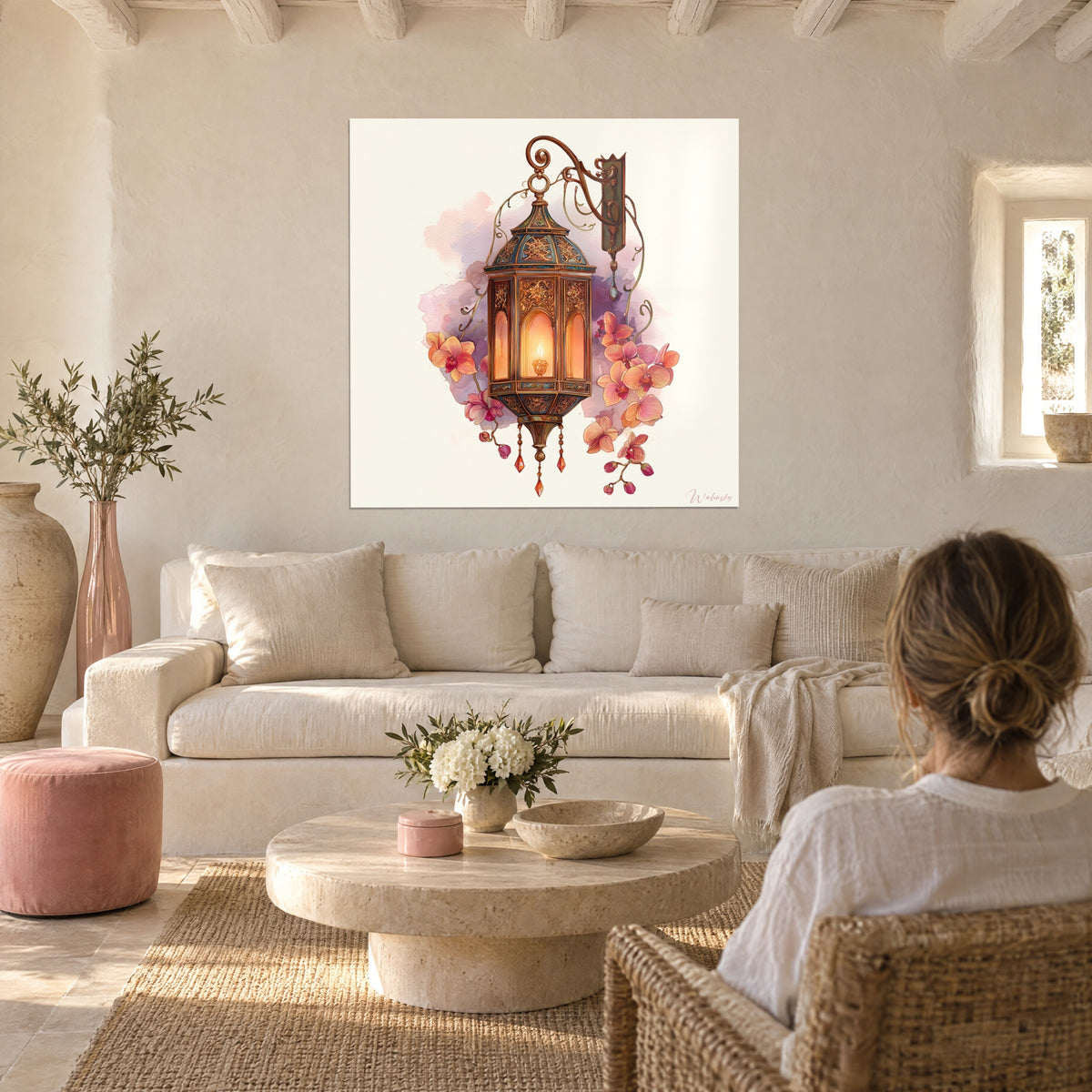 Wall art Oriental lantern in chased bronze, orange flame and pink orchids on a mauve cloud, above a sofa in a bright living room